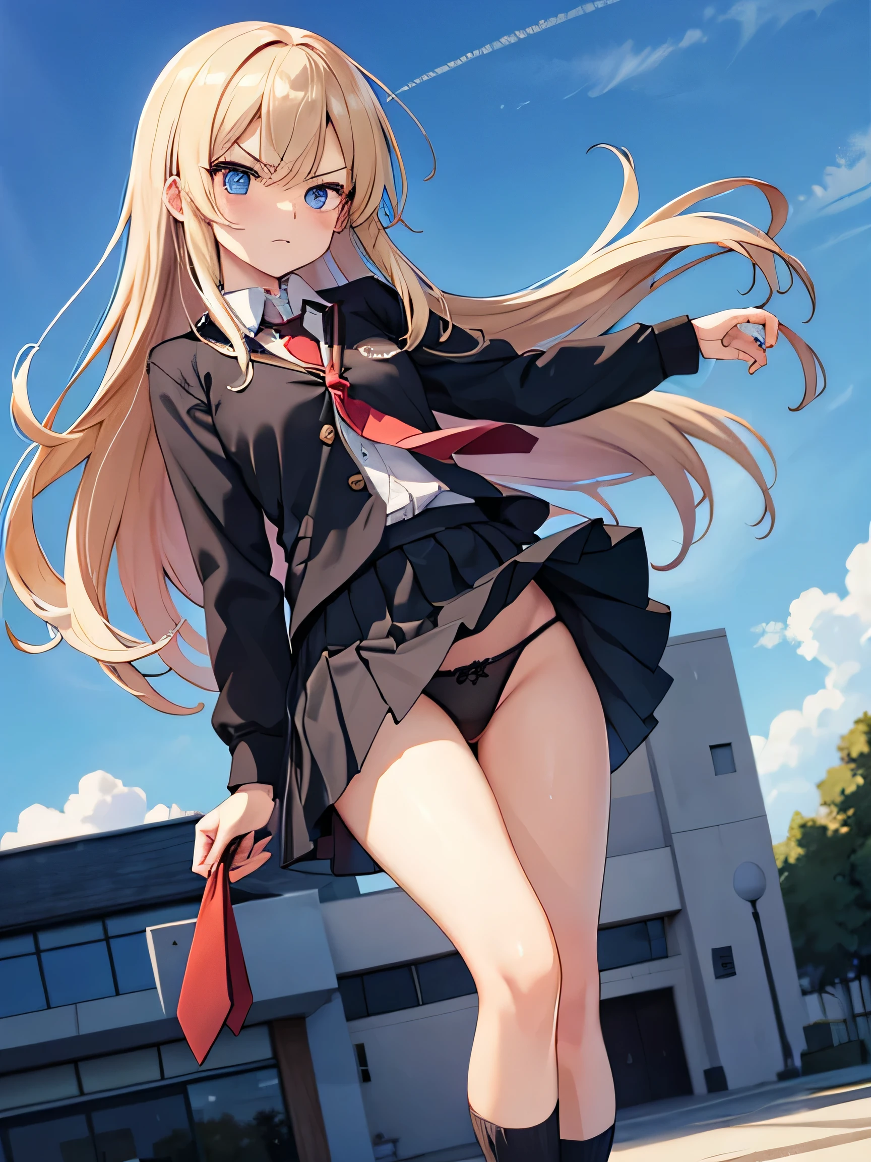 (masterpiece、highest quality、High resolution、realistic pictures、real looking skin、beautiful eyes、shining eyes:1.1)、
1 Japanese girl、alone、Full body Esbian、blonde、long hair、flowing hair、high school girl、bad、black loafers、
(Long collar shirt、uniform pleated red tie、The location is the high school ground.:1.1)、
(A skirt that flips up in the wind:1.5)、
(fully exposed panties:1.5)、
(loose socks:1.5)、
(Are standing:1.5)、
(fancy patterned black panties:1.5)、
(The first button of the shirt is open.:1.5)、
(his tie is tied loosely.:1.5)、
(his expression is embarrassing, but he's staring at me.:1.5)、
NSFW