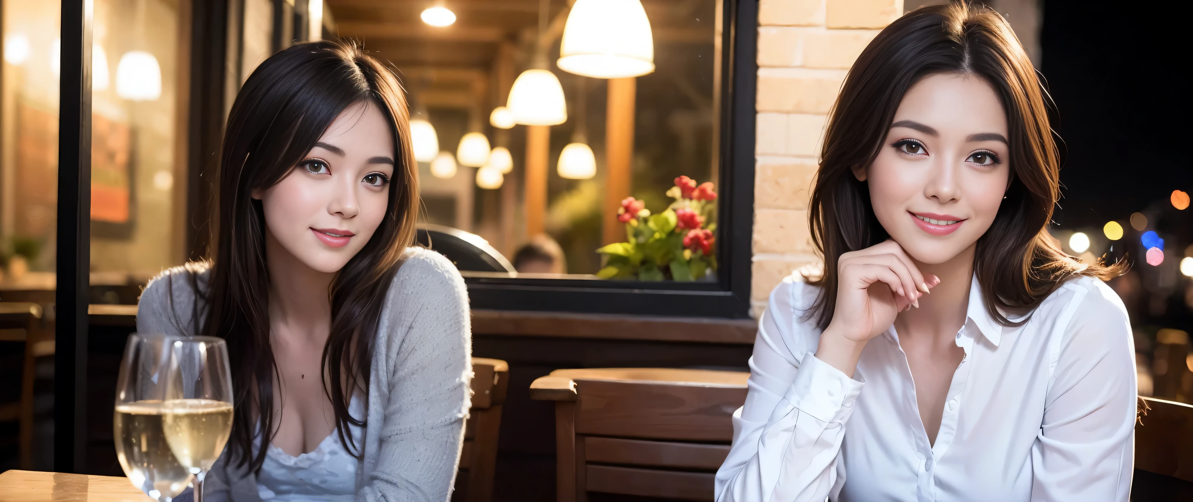 64k, Hmm, highest quality, masterpiece: 1.2), (realistic, photorealistic: 1.37), Super detailed, 3 slim beauties, (slim face),Happy、 the best smile、Fox face、Berry Short、(because I'thin), (brown hair), (shortcut), long sleeve shirt、winter fashion、Colombian、Brazilian、Japanese、Dutch、German、Portuguese、Belgian、Italian、French,Champagne、sparkling wine、 (squirt), (slim body), (brown hair), (shortcut), neat beauty、cheeks turn a little red, (35 years old), 38 years old, alone, A beautiful and detailed night view spreads out outside the window....., restaurant, wine glass is sitting, At night, in a prominent place (from the Upper body) nova frog style, actress, model, Upper body, White wine, slim, wine glass, Very beautiful night view, wine glass Put in the Middle, Happy smile, (smile: 1.15),
