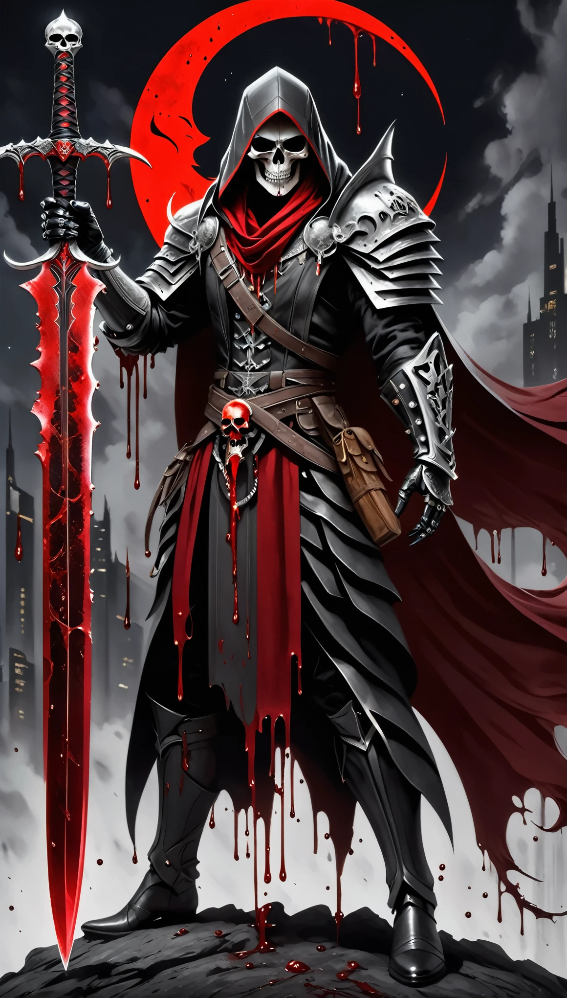 Created by artist Tony Craig,character design style,(Best quality, 4k, 8k, high-rise, masterpiece: 1.2), ultra fine, (realistic, photo realistic, photo realistic: 1.37), crescent shaped blade, curved and sharp, complex patterns, rune blade, sparkling, skull hands holding long handles, dripping blood, blood dripping continuously, gray background, full body long shot, huge crescent sickle and red moon shining together,