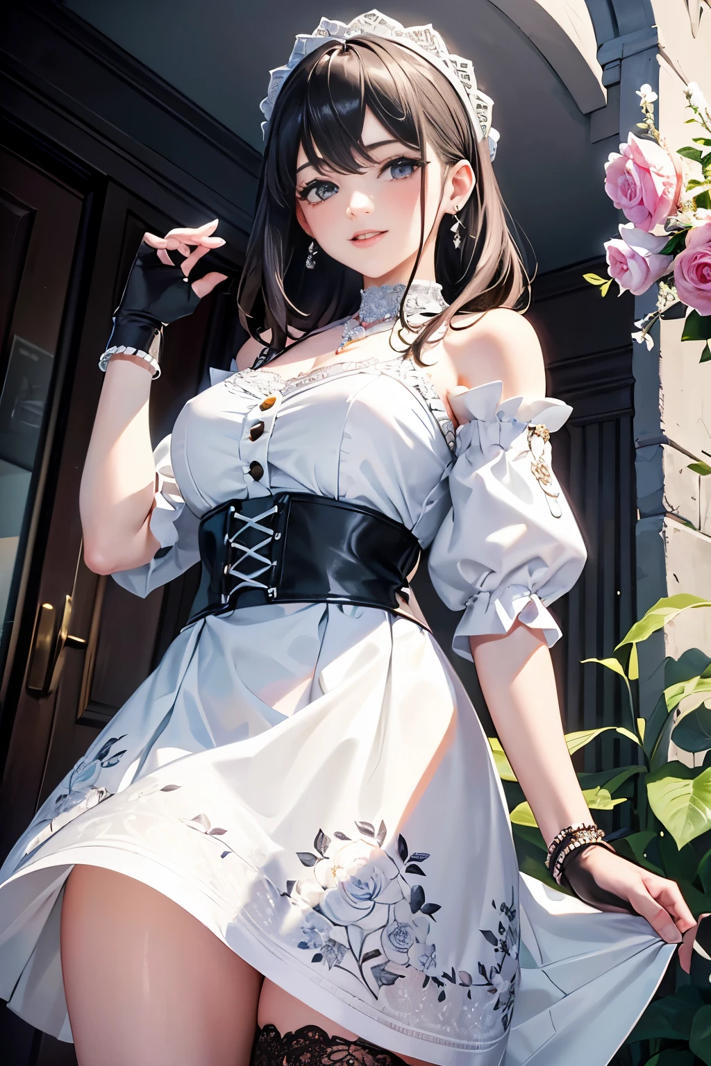 low angle,from below,((1girl, white blouse, flower printed elegant flair skirt)), ((masterpiece:1.4, best quality)), ((masterpiece, highest resolution)), (beautiful illustration),(semi long beautiful black hair),silver hair, (flower printed elegant flair skirt), (looking at the viewer),
innocent smile, day,entertainment street,cinematic lighting, white over-kneehighs,Lace chalker, wristband, fingerless gloves, over-kneehighs,
Lace chalker, diamond necklace,wristband, fingerless gloves, earrings,