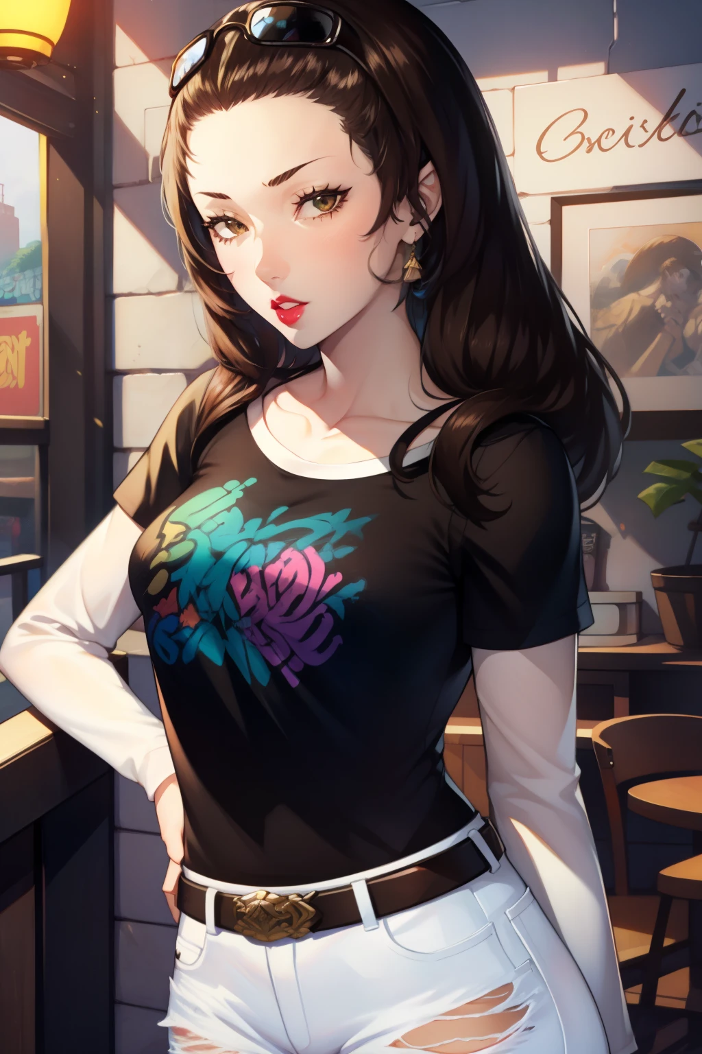 dorothea, brown hair, glossy lips , 1girl, solo, standing, black t-shirt, white shirt, jeans, belt, lipstick, eyewear on head,