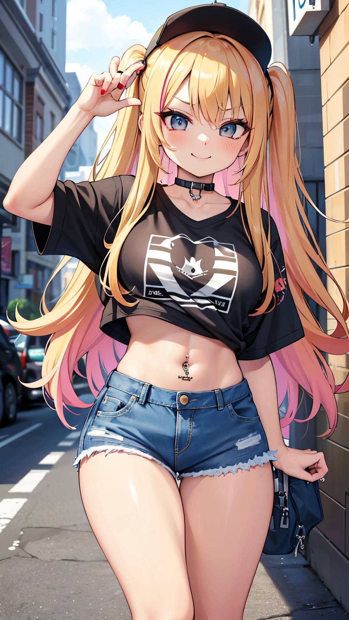 masterpiece,(perfect quality), ultra-detailed,vibrant color,solo,(gyaru),girl,dynamic angle,(street_wear:1),cropped t-shirt,navel piercing,denim shorts, smug,naughy_smile,8K, multicolored hair,blonde hair,cap,long hair, nail polish,cute,cool,dramatic,urban,neon_color,upper thigh,,btpt-fc,