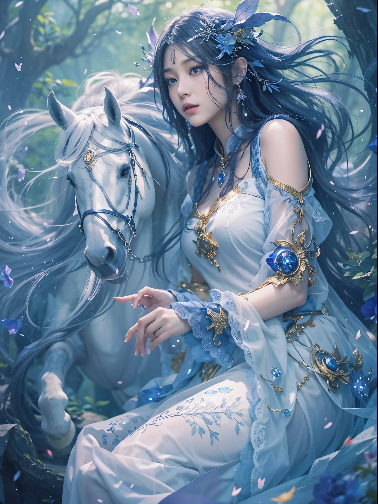 2 beauties，The crystal castle sealed in the Dharma book,(like a dream),unlimited,dark blue sky,abyss of knowledge, (((best quality))),((Beautiful thin eyelashes riding a white horse)))、(2 girls)、Sexy，Big breasts，Hazen，fair thighs，perfect human structure、blowing in the wind、long purple hair、Eye of the Abyss、blue pupils，skin glowing、oiled、Transparent lace clothes、超精美CG Unity 32kwallpaper、masterpiece, ((Super detailed)), ((light)),Extremely rich in color,wallpaper,Energy surrounds magic,magical environment,magic wand,Boken,Flight page,know all this,Fortune-telling、understand the past、智慧unlimited、blue flame、Warlock、magic circle、five-pointed star、spell、mantra、sing magic