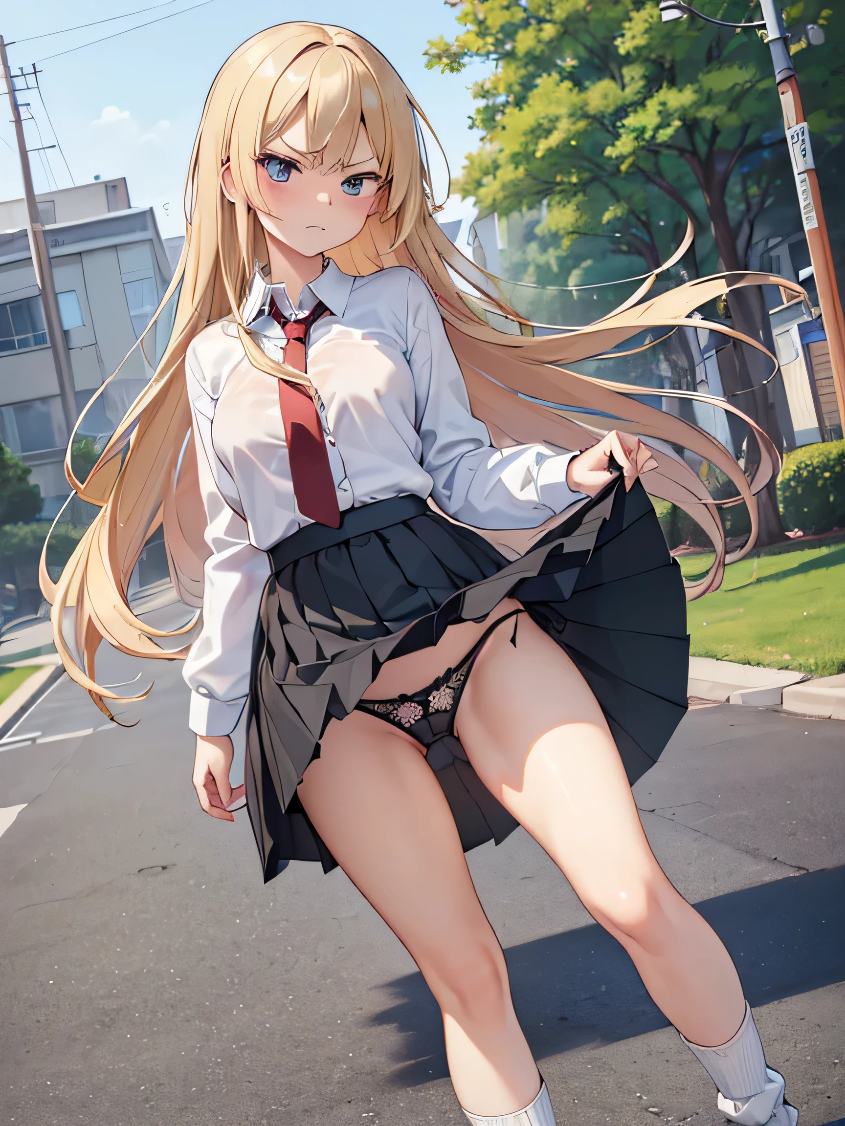 (masterpiece、highest quality、High resolution、realistic pictures、real looking skin、beautiful eyes、shining eyes:1.1)、
1 Japanese girl、alone、Full body Esbian、blonde、long hair、flowing hair、high school girl、bad、black loafers、
(Long collar shirt、uniform pleated red tie、The location is the high school ground.:1.1)、
(A skirt that flips up in the wind:1.5)、
(fully exposed panties:1.5)、
(loose socks:1.5)、
(Are standing:1.5)、
(fancy patterned black panties:1.5)、
(The first button of the shirt is open.:1.5)、
(his tie is tied loosely.:1.5)、
(his expression is embarrassing, but he&#39;s staring at me.:1.5)、
NSFW