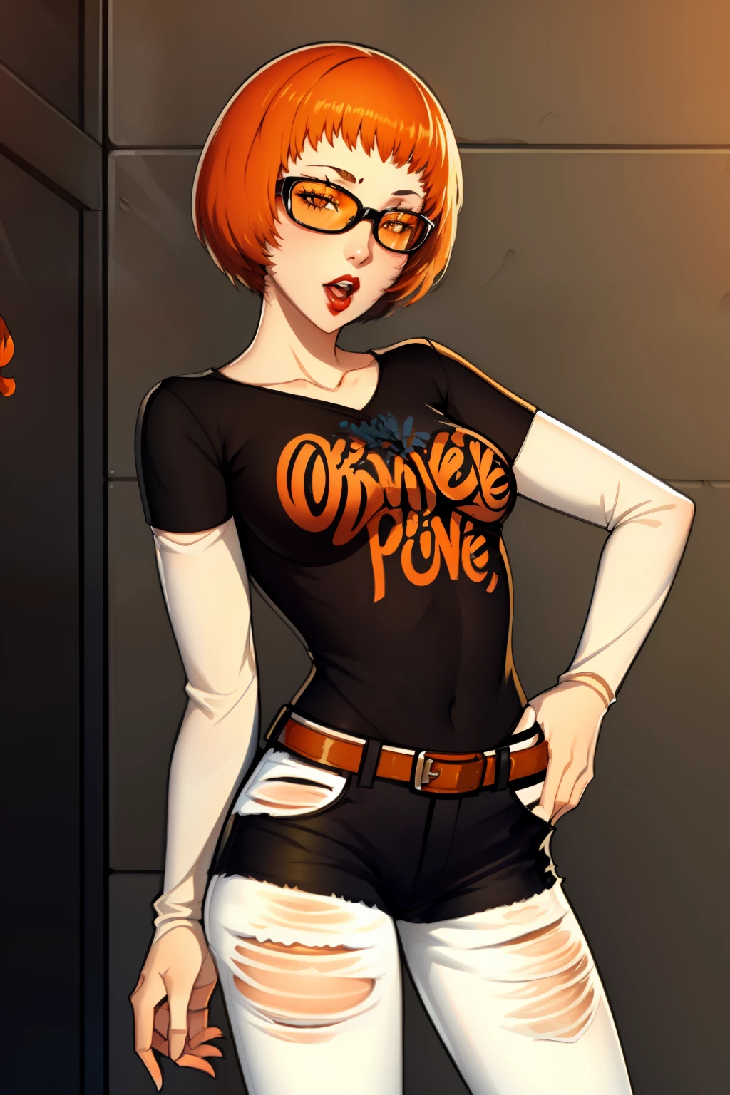 leonie pinelli, orange hair ,short hair ,1girl, solo, standing, black t-shirt, white shirt, jeans, belt, lipstick, eyewear on head,
