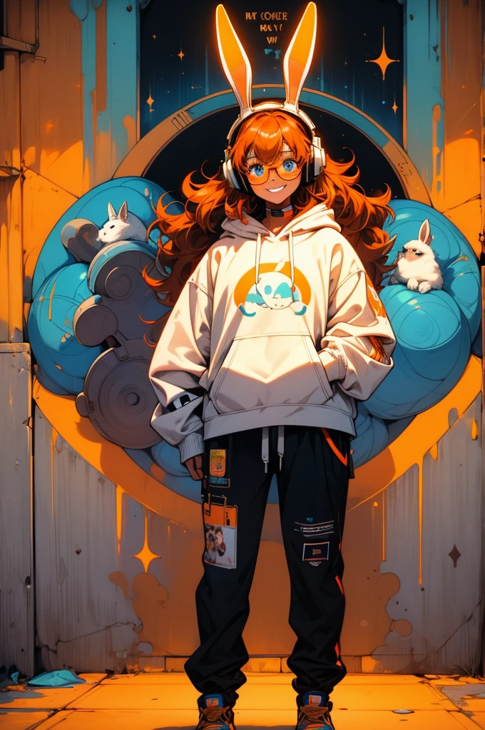 Female programmer with a big smile, white rabbit ears, neon hoodie with a white rabbit in an orange circle in it, brown long curly hair, iceblue eyes, standing in front of a graffiti-covered wall. cosmic theme. headphones around neck, gold framed boxy glasses