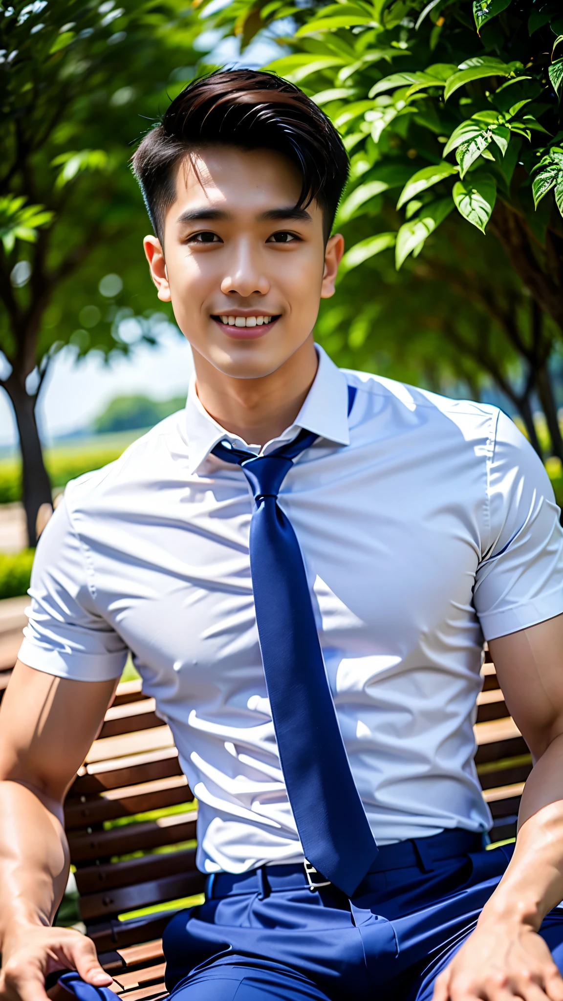 (Masterpiece: 1.2),(CGI art:1.3),(realistic:1.5),(post processing:1.3), (sharp focus:1.3), 1 man smiles showing teeth, (Wear a white shirt... Blue tie), short sleeve), Navy pants, Korean guy , korean men, (High gloss details), chest muscles, Big arm muscles, blood vessel, big muscles, Broad shoulders, looking at the audience, Balancing the eyes, sitting at table, sitting in a cafe alone