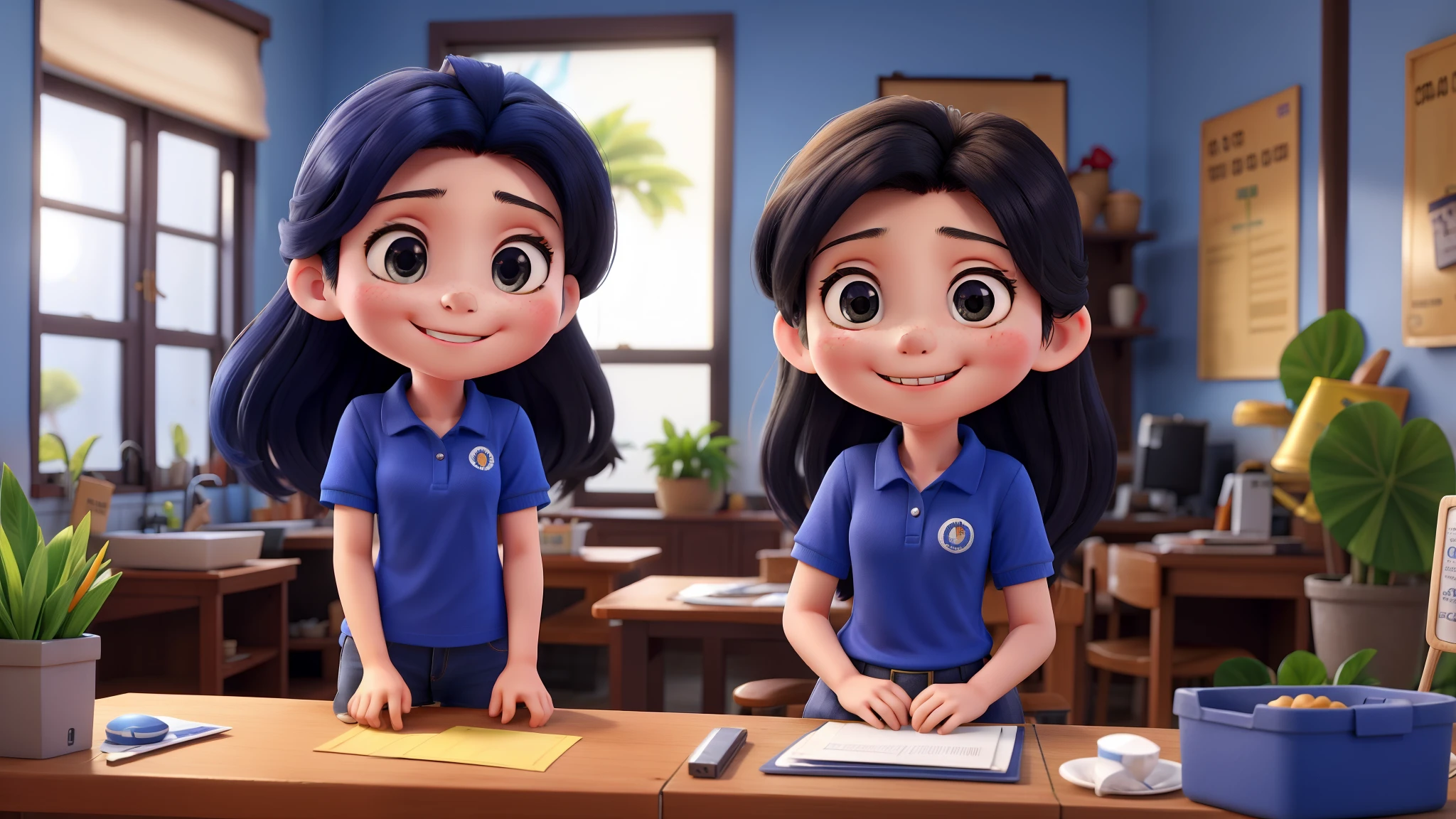 15 year old girl, Vietnamese, wearing a blue polo shirt, long hair, smiling, cute ((chibi))