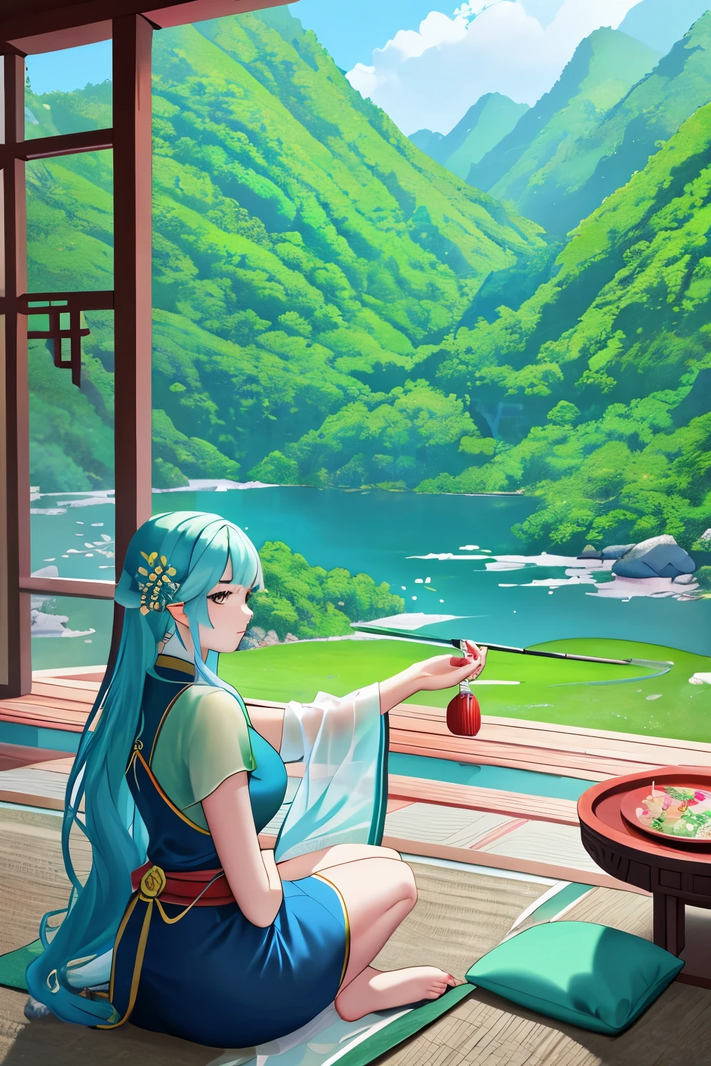 Generate a captivating mobile wallpaper featuring a Chinese landscape painting in its finest form. The scenic masterpiece showcases lush greenery, tranquil blue waters, and white jade mountains, all intricately detailed with a gold thread edging. The color scheme embraces the soothing hues of blue, green, and white, radiating a sense of serenity and harmony. The painting is brought to life under natural lighting, infusing each brushstroke with a vibrant energy that truly encapsulates the essence of the Orient. In this award-winning work presented in the best quality possible, viewers will immerse themselves in a breathtaking Full HD 8k image with an ideal 1