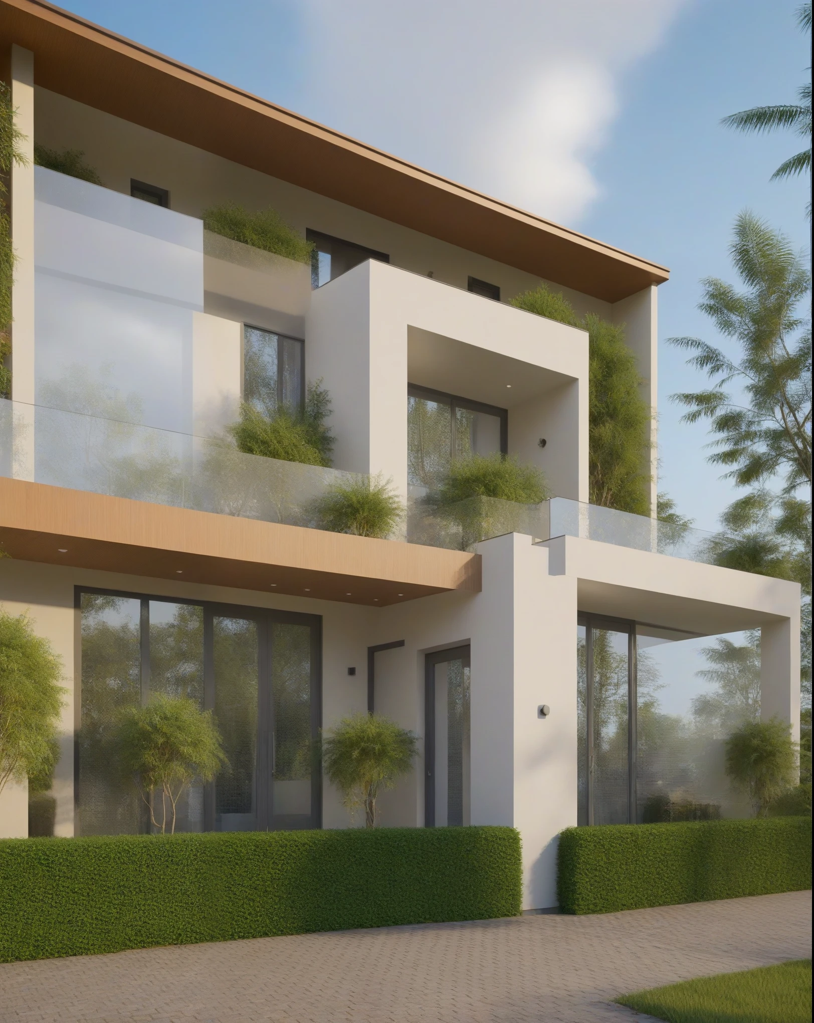 Raw photo, Masterpiece, high quality, best quality, realistic, super detailed,
exterior, outdoor, modern townhouse style, glass doors, gates, balconies, windows, 
road,pavement, grass, trees, sky, cloud, (day:1.1), vivid colour,