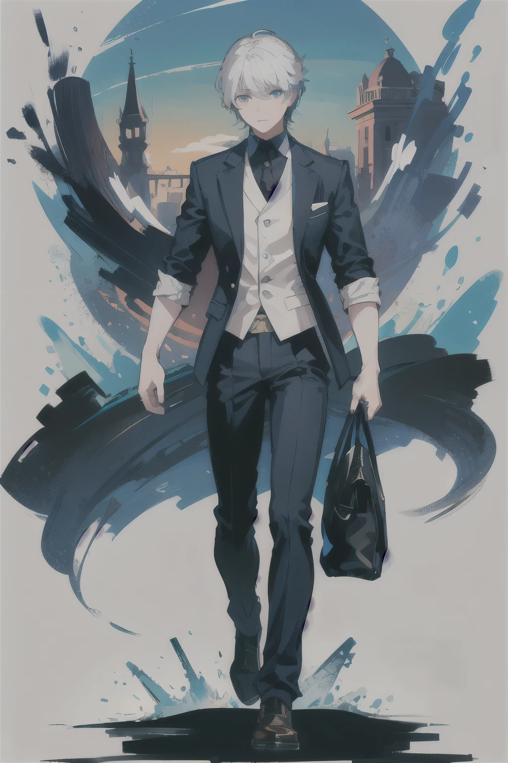 (best quality)), ((work of art)), (detailed), boy (()), light black hair, blue eyes, looking into the distance, good quality, perfect face, school uniform, black blaze, mele character, strong man, male focus, full body.