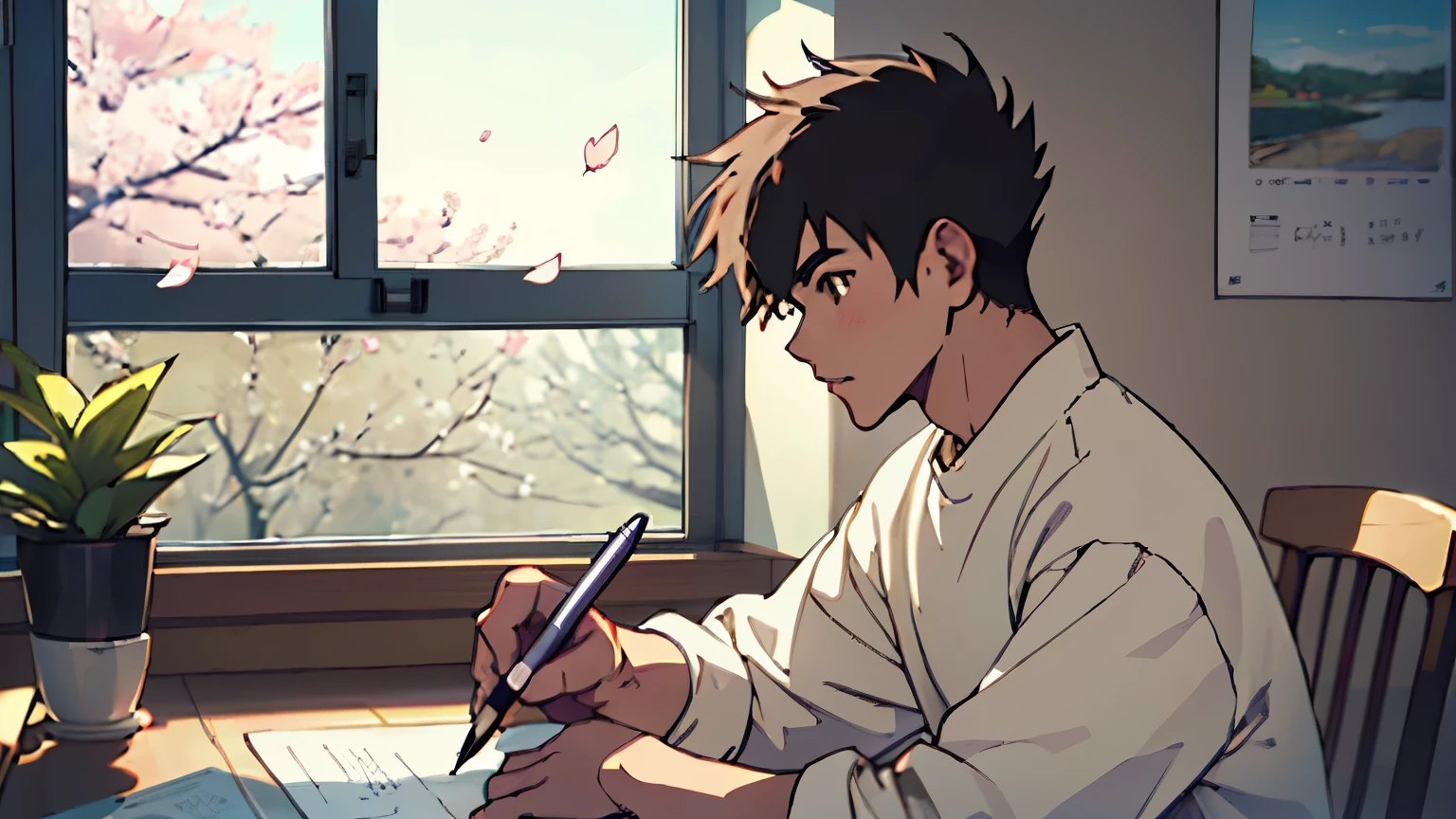 Handsome 18 year old brunette boy studying at desk with open book and holding black pen in right hand. The room is well-appointed in beige tones.. side view, There is a window to the boy's right.. brown eyes are beautiful. Cherry blossoms are fluttering outside the window. perfect face, best quality, Ghibli animation drawing