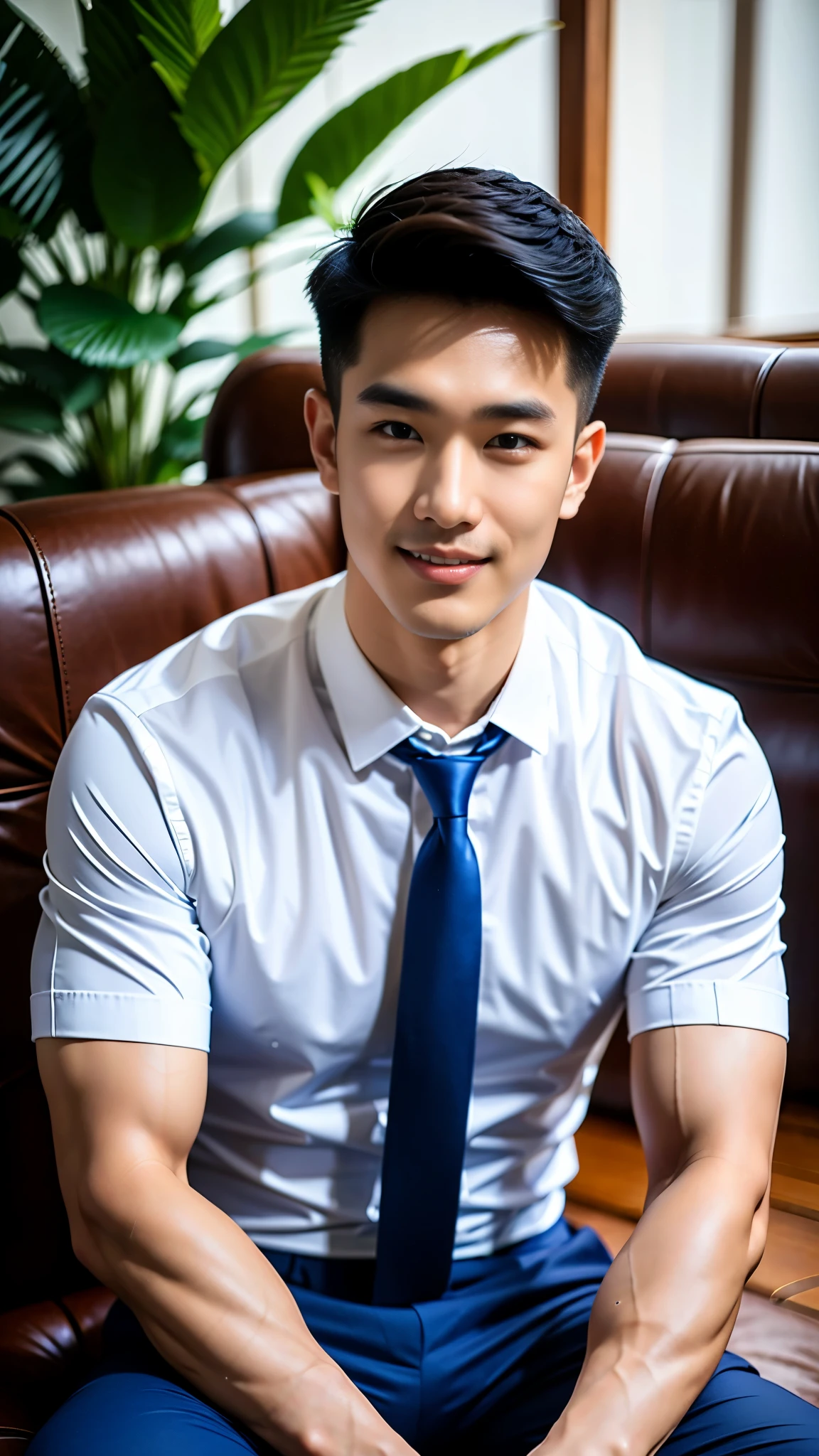 (Masterpiece: 1.2),(CGI art:1.3),(realistic:1.5),(post processing:1.3), (sharp focus:1.3), 1 man smiles showing teeth, (Wear a white shirt... Blue tie), short sleeve), Navy pants, Korean guy , korean men, (High gloss details), chest muscles, Big arm muscles, blood vessel, big muscles, Broad shoulders, looking at the audience, Balancing the eyes, sitting at table, sitting in a cafe alone