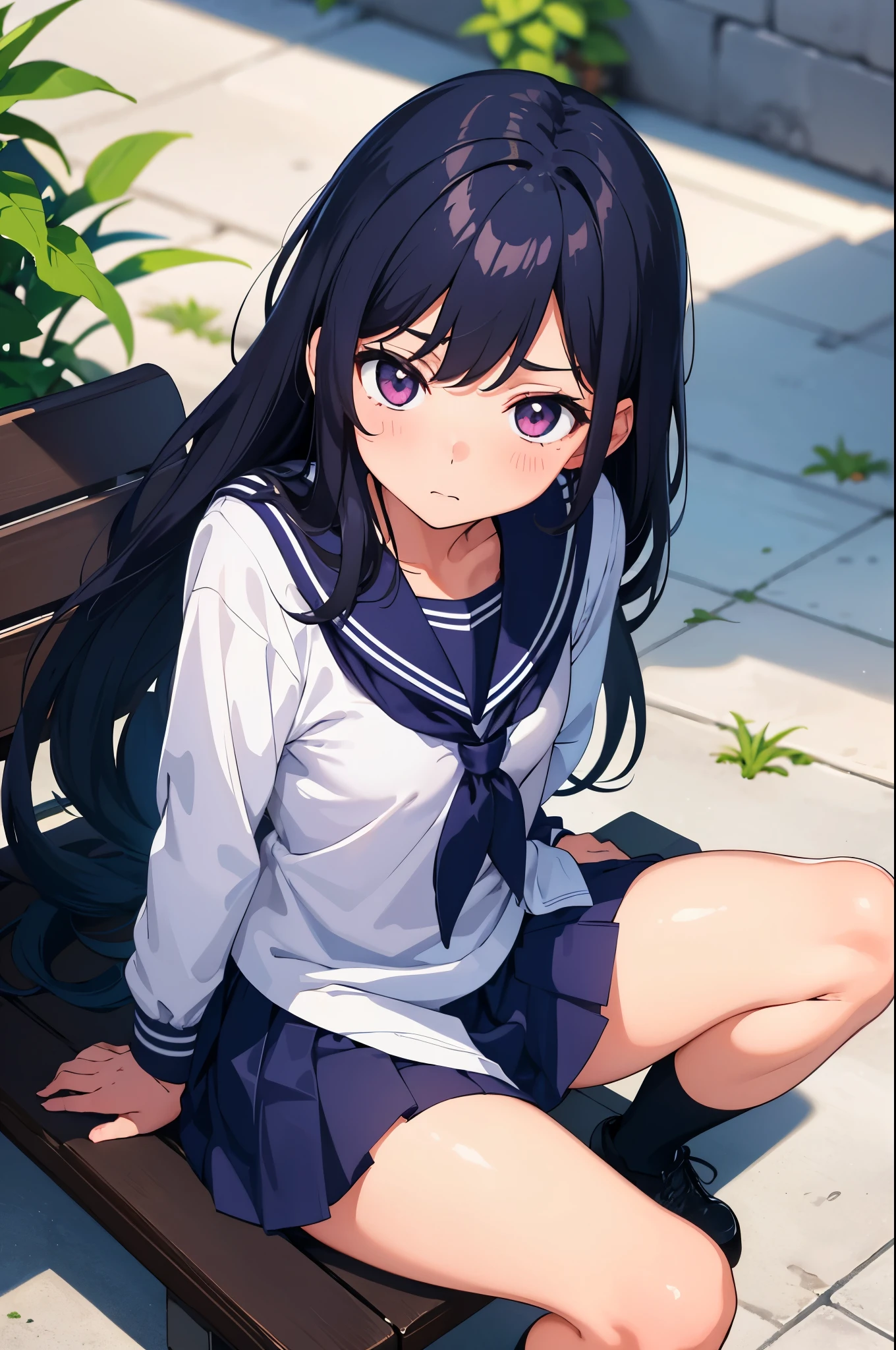 school courtyard　　8-year-old　flat chest　blhair　g hair　eyes are purple　embarrassed look（（1 person））　White upper body long sleeve sailor uniform　Lower body navy blue miniskirt　white panties　She is sitting on a bench and showing her panties.　sports boots　spread your legs a little（（I can see white panties））　dynamic angle　Low angle from the front