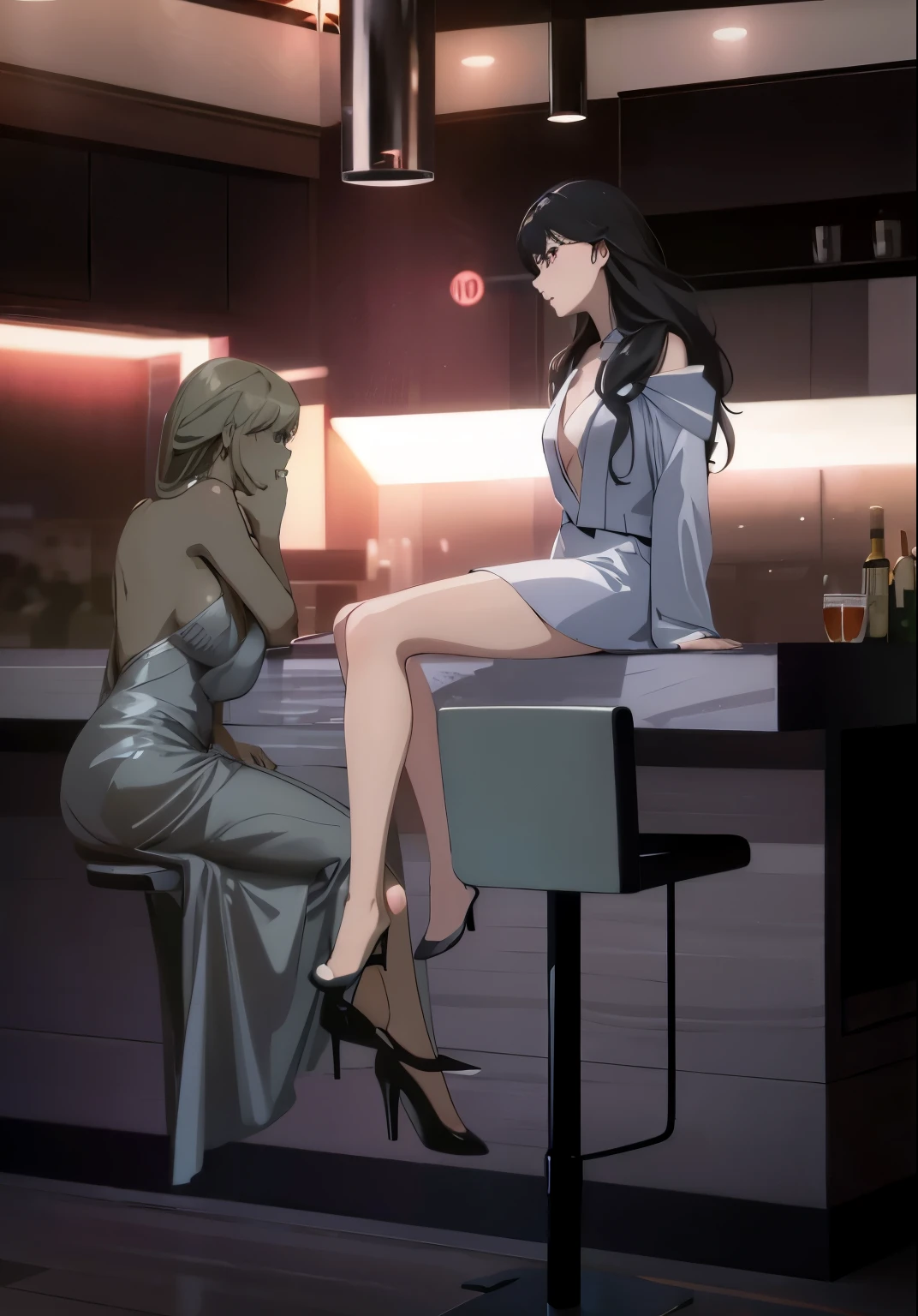 Anime scene of a woman sitting on a chair next to a statue., นั่งอยู่At the bar, giant art, dignified posture, Digital art of elegance, Realistic art style, high-heels. Anime style at pixiv, fully dressed. Sexy paintings, Commission for high resolution, City Girl Girlfriend Art, sitting At the bar, glossy digital painting, At the bar