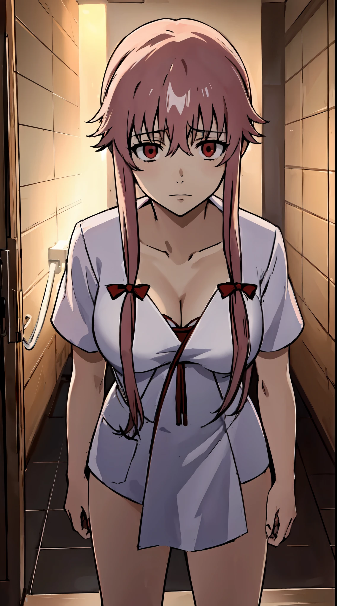 Yuno gasai standing in her kill/torture room with a blank expression on her face, (large breasts:1.5), nipples, solo, nude, apron made of human skin, ((kill room)), ((blood)), ((psycho)),evil smile,dark and for Bodine atmosphere, wearing a black choker and black thighhighs