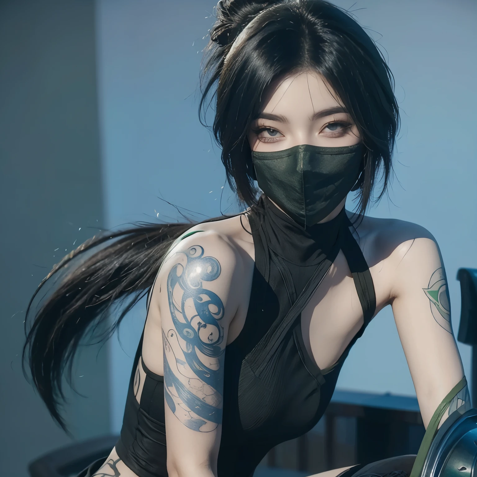 Akali masked shoulder tattoo in League of Legends，