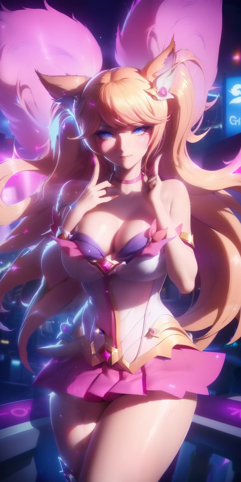 Medium and round breasts, Ahri is beautiful ((Ahri is a nine-tailed fox)), (blonde hair colored in pink tones, long and flowing and shiny), double eyelids, purple eyes, clear and detailed, hyper detailed, light effect on the eyes, detailed iris, sensual body, ((Star Guardian Ahri's standard clothing in white and red, red pleated skirt, details of Ahri's clothing, sparkling boots, beautiful and cool)), cleavage, ((work -prime, hyper realistic, hyper detailed, best quality, 16k, light and shadow on the skin, vivid colors), eyeliner, thin eyebrows, sensual expression, perfect lips, innocent and sexy face, ((skin with light and shadow), woman beautifully seductive and embarrassed, passionate expression, cute smile ((Ahri she is beautiful, with a slender body)), flirting with the viewer, beautiful, charming, on the terrace of a building, billboard, neon lights on the buildings ((variable sensual poses inclined)) ((Star Guardian Ahri))
