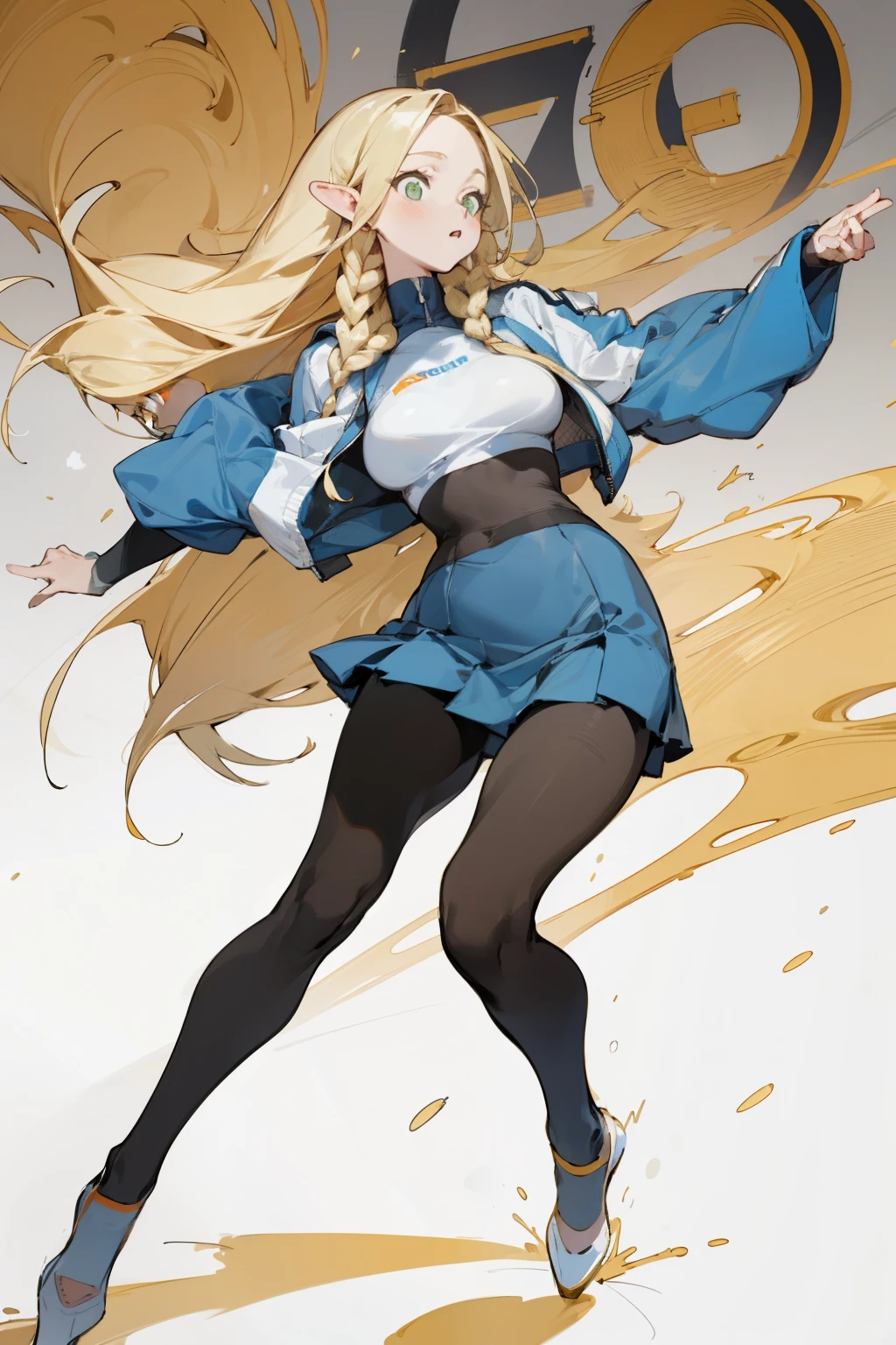 pantyhose, pop color,(whole body,blonde)long blonde hair, bust and waist,white top,pleated skirt,Racing suits