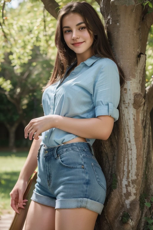 masterpiece, best quality, ultra-detailed), portrait of an 18-year-old woman with light brown hair, curled green eyes, beige blouse and blue jeans smiling blue shorts sung from under a tree (leaning against the tree) and reading a brown book -auto utra realistic --  