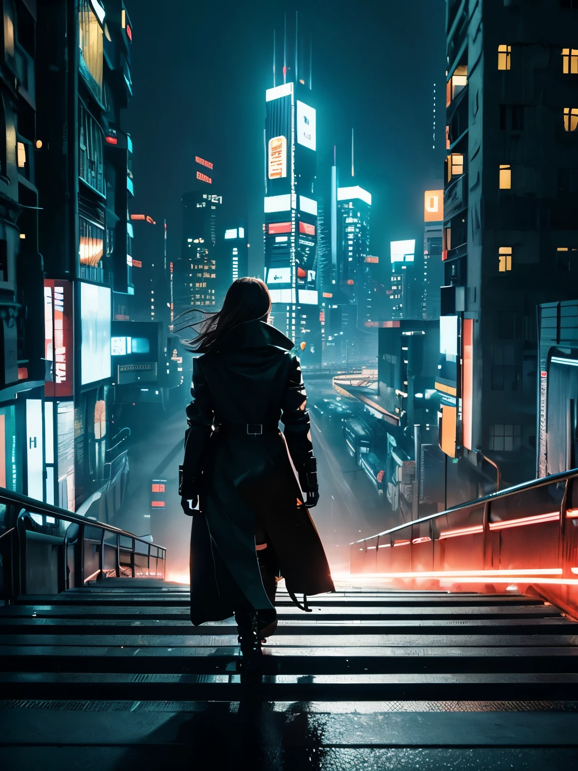 Realistic depiction of a female mechanic walking towards the camera, With strong and confident steps, wearing a futuristic long coat, His arms and face show cybernetic enhancements, Against the backdrop of a cityscape with towering neon buildings, (Dystopia:1.2), (gritty industrial environment), (dynamic lighting), (realistic attention to detail)