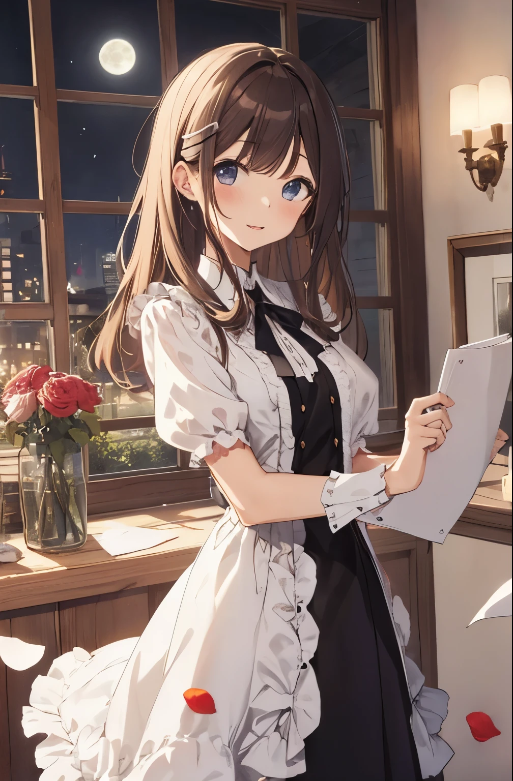 Illustration of Izayoi Sakuya, small details, 4k,beautiful girl, white woman,Western-style building, indoor, rose petals, full moon,highest quality, dress, brown hair,long hair,izayoi sakuya, masterpiece,intricate details, beautiful and detailed face, See-through, looking at the viewer, blush, open your mouth,dull bangs, Happy, Are standing, cowboy shot,