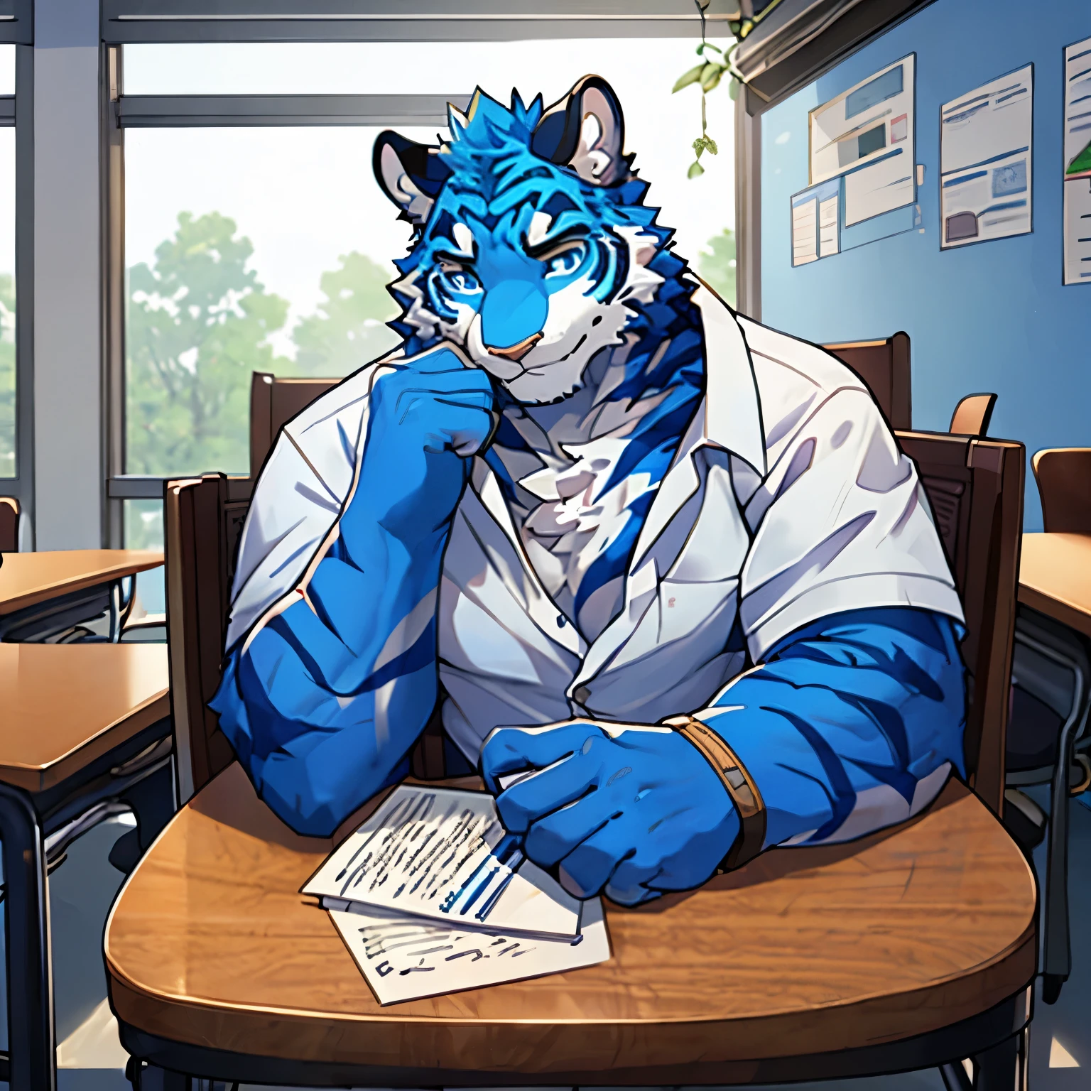 best quality, masterpiece, blue eyes, blue fur，Blue Tiger，campus，White shirt unbuttoned，high school student，sit on the chair，The front is blocked by a table，There is a letter on the table，look at screen