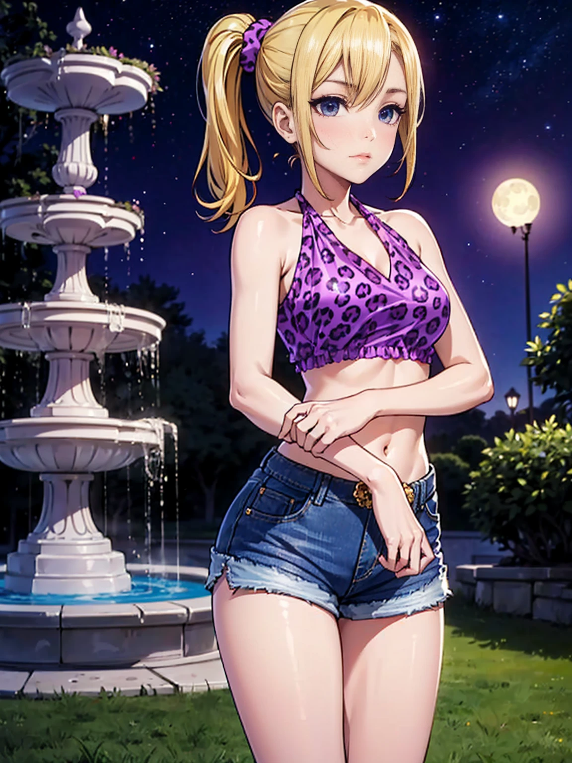 ((1girl, solo, alone, ai hayasaka, bangs, blue eyes, blonde hair, hair ornament, sidelocks, side ponytail, scrunchie, hair scrunchie, blue scrunchie)), (Square, fountain, night, stars, moonlight, halter blouse, ((purple blouse, (tight blouse, halter, purple leopard print blouse))), sleeveless blouse, short blouse, (mini shorts, denim shorts))