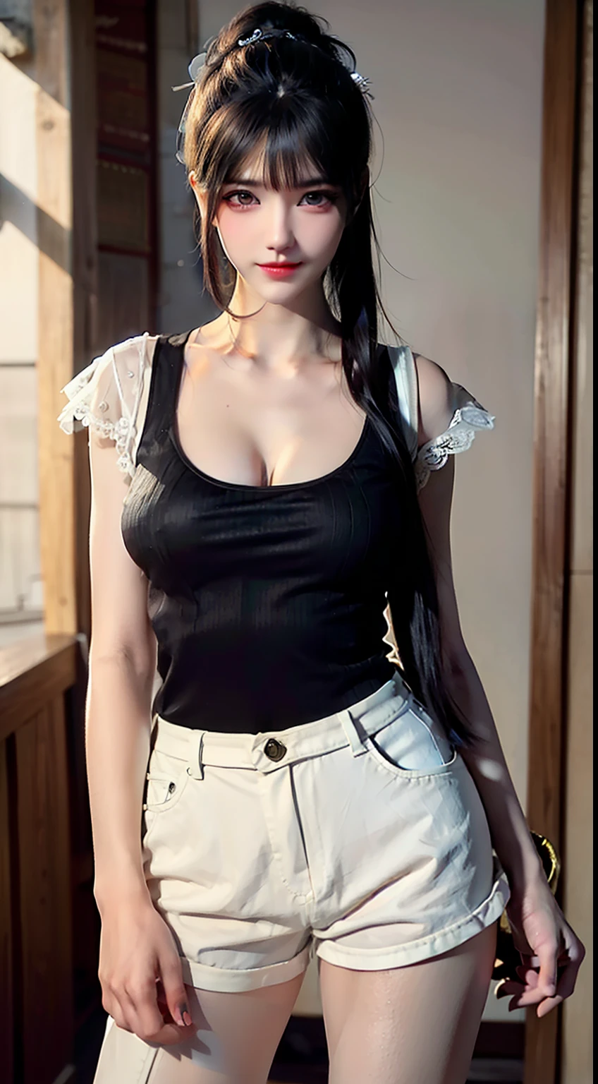 on the street corner,Single ponytail,side ponytail,high ponytail,tall figure,long legs,(sleeveless lace shirt),(shorter pants),((stripe)),((stripe)),walk,grace,dignified,charming,as elegant as a swan,sweet smile,Strong sense of detail and layering,Colorful and gorgeous,it has a unique texture,colorful,Color harmony,vivid,design art,16k,Super detailed,{{illustration}},{extremely delicate and beautiful},{Exquisite makeup},super detailed,Exquisite glowing eyes,{{movie lighting}},Extremely high light efficiency,Model: Realistic, CFG scale: 12, Laura: Bright texture(1.35),high quality,masterpiece,Exquisite facial expressions,Delicate hair depiction,Delicate depiction of eyes,masterpiece,最high quality,Ray tracing,Extremely detailed CG unified 8k wallpaper,masterpiece, best quality,(1個Giant Breast Girl),perfect female figure,(breast enlargement:D cup),(((Skinny white T-shirt))),beautiful eyes,(delicate face),long black hair,hair accessories,In the classroom,(fair skinned),(best lighting),(Extremely complex and detailed),4K unified,(Super detailed CG),Showing white legs,livestock,hot pants,shorter pants,