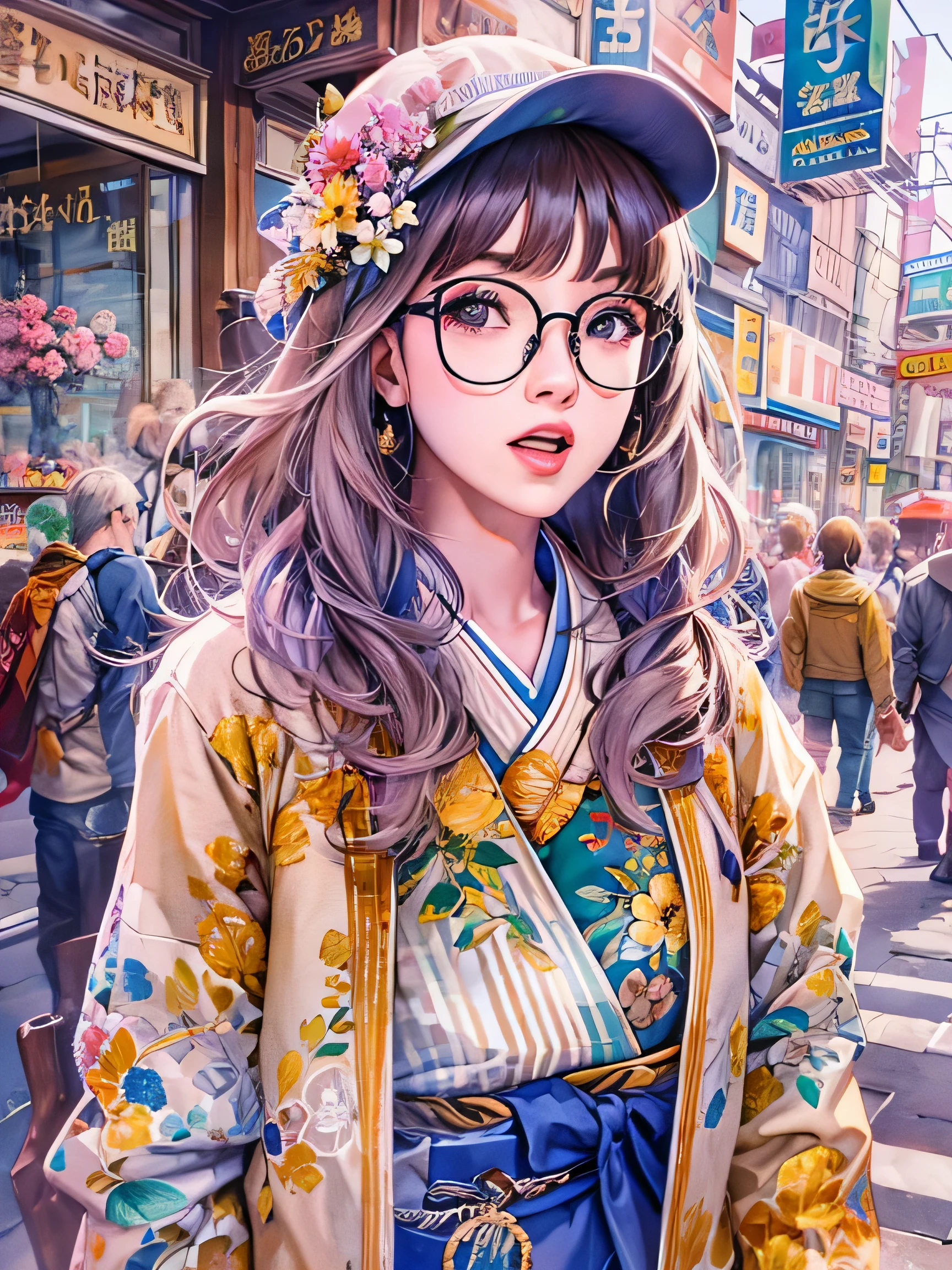 8K quality, watercolor painting, stylish design, (((The strongest beautiful girl of all time))), (((Japanese)))、Idol、AKB48、stylish glasses, Fashionable hats, (((highest quality))), bob hair, HDR, ((Detailed details)), stylish fashion, detailed clothing texture, (((spring street corner))), colorful hair, ((masterpiece))、((Super detailed))、colorful flowers、