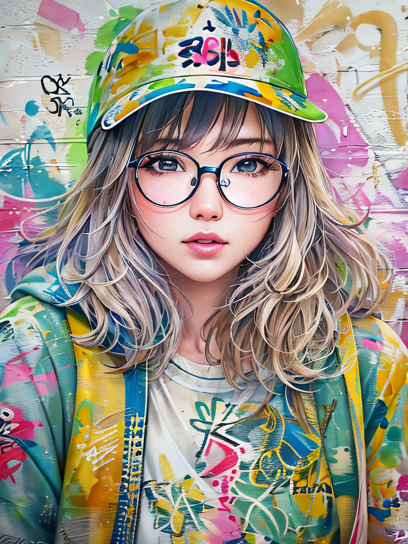 8K quality, watercolor painting, stylish design, (((The strongest beautiful girl of all time))), (((Japanese)))、Idol、AKB48、clear, stylish glasses, Fashionable hats, (((highest quality))), bob hair, put your hand on the wall, HDR, ((Detailed details)), stylish fashion, detailed clothing texture, (((graffiti art))), colorful hair, ((masterpiece))、((Super detailed))