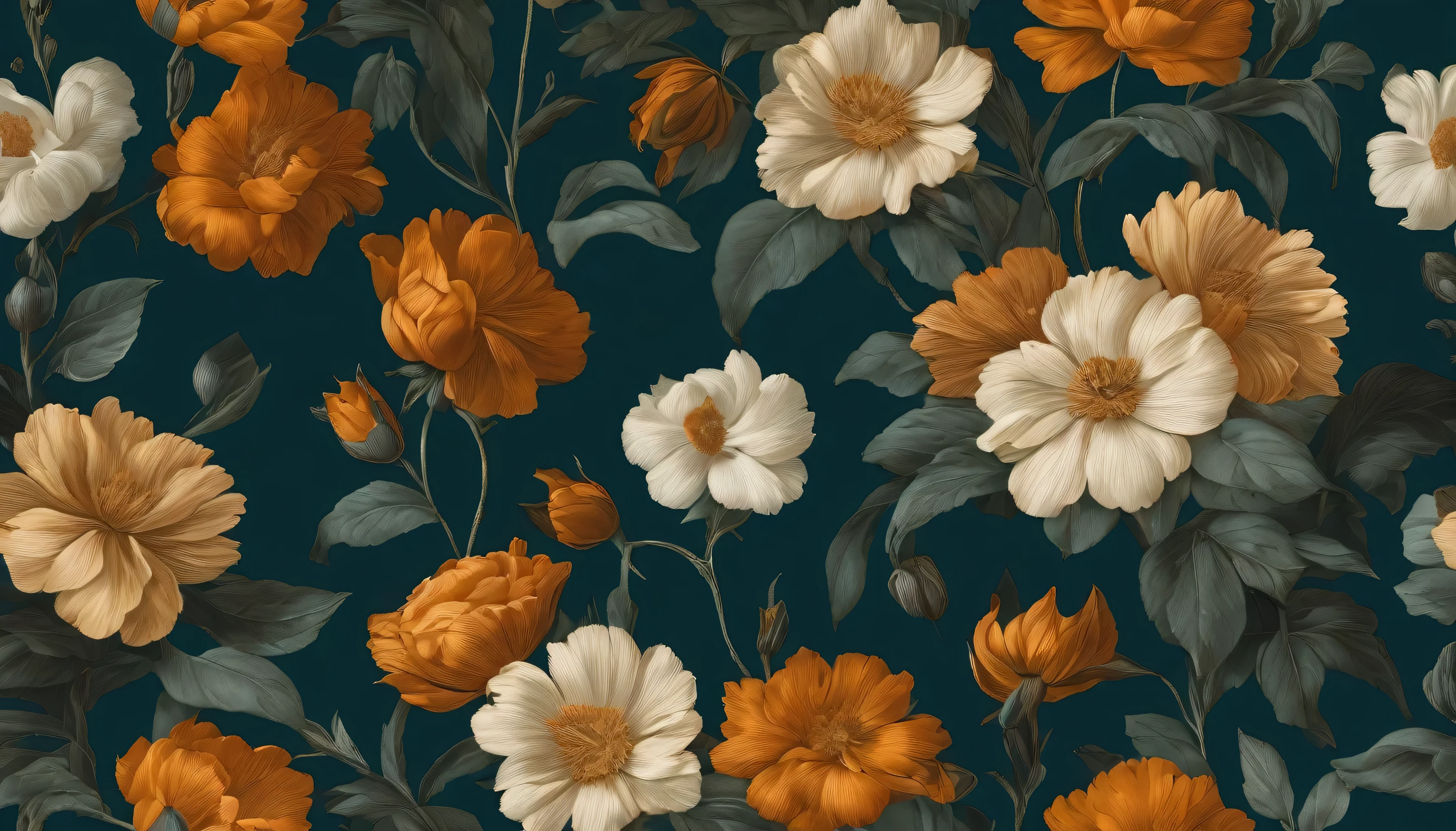 flowers in the style of hyperrealistic murals, moody and evocative color palettes, dark teal and amber, odd juxtapositions, chiaroscuro portraitures, realistic portraitures, dark beige and orange --ar 9:16 --v 5.1 --s 950