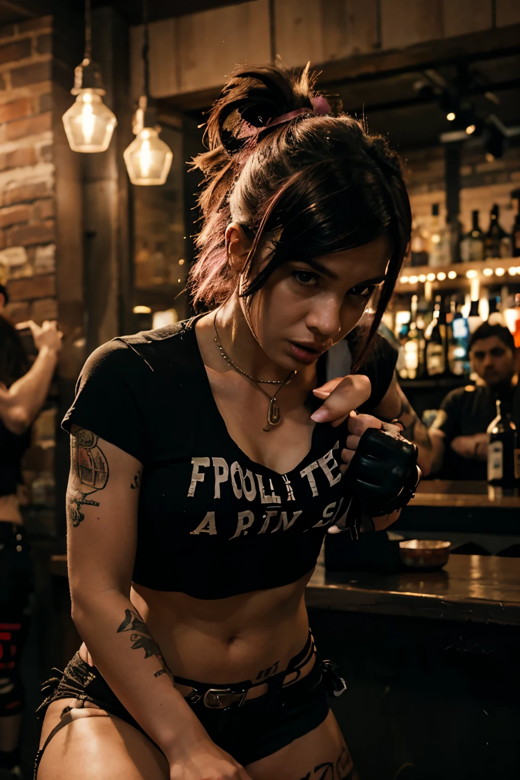 punk girl fighting in the bar, very realistic