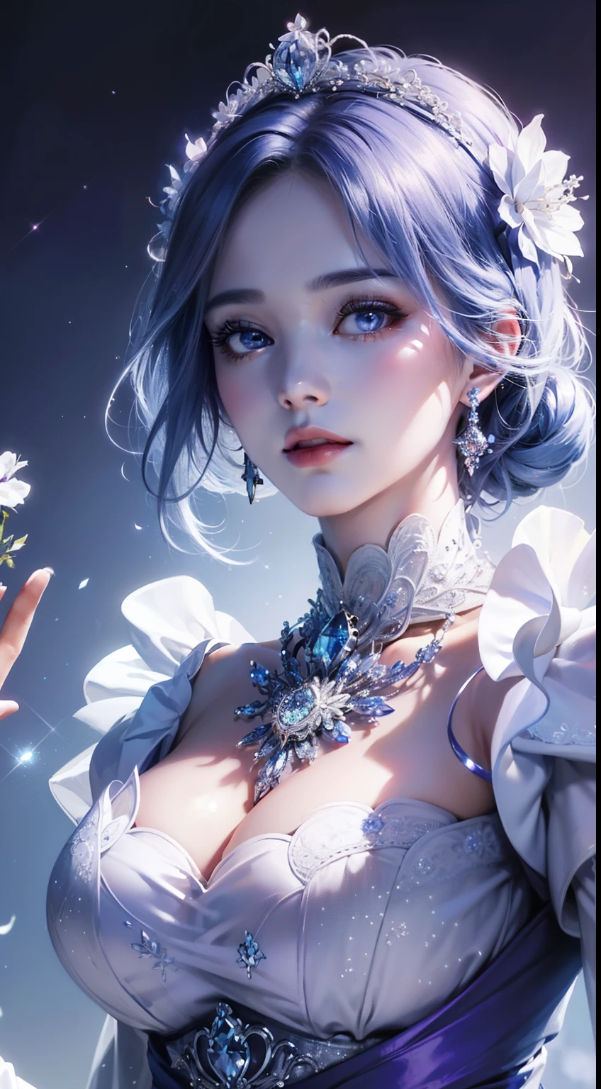 masterpiece,Highest resolution,((magic ball)),Dynamic bust of beautiful aristocratic girl,blue hair curled elegantly,((Crown with huge flowers)),Purple clear eyes,(((Hair covered with beautiful and delicate floral arrangements, crystal jewelry filigree))),Super detailed details,advanced,The earth rises。