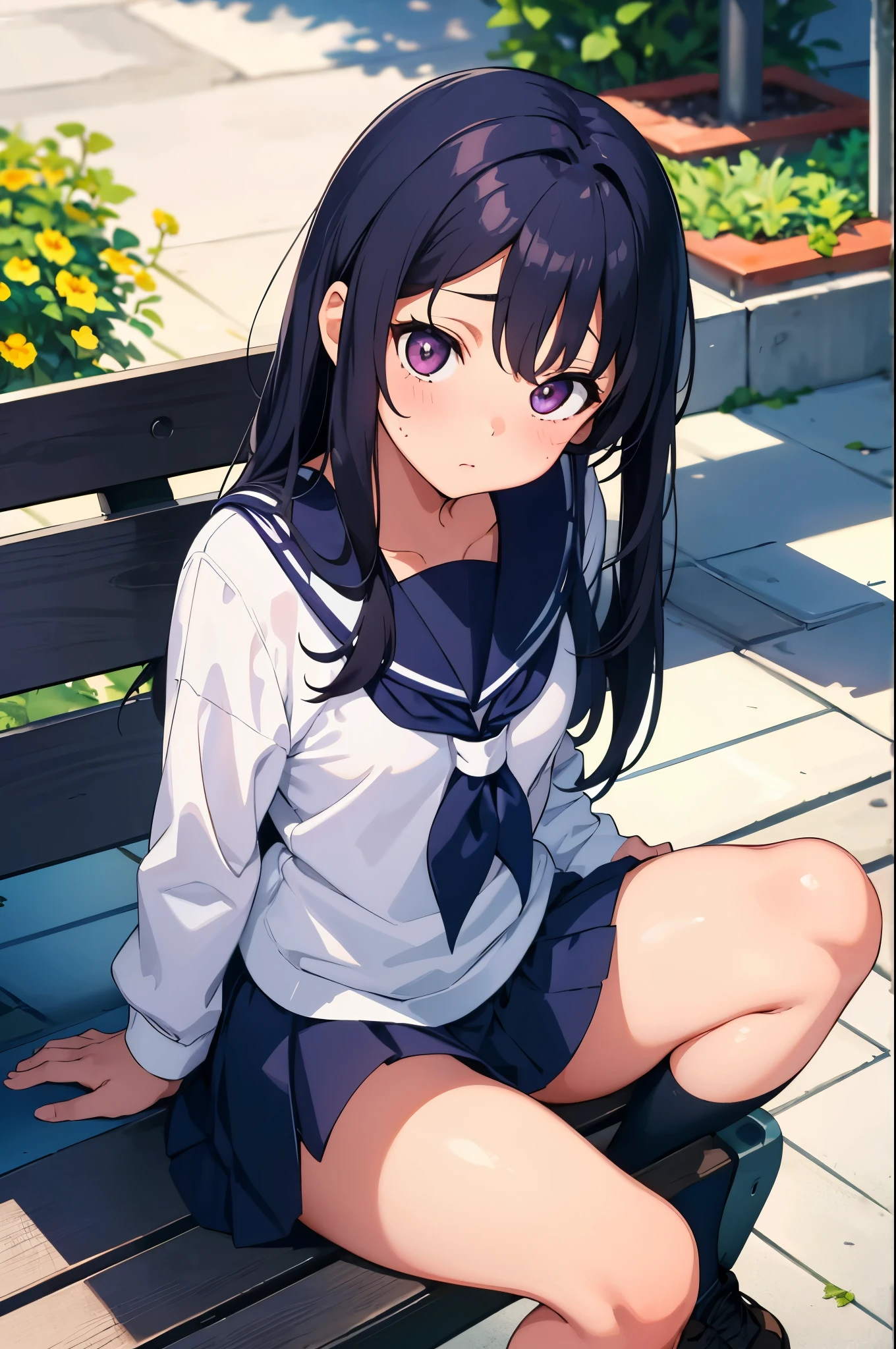 school courtyard elementary school girl 8-year-old flat chest black hair long hair eyes are purple embarrassed look((1 person)) White upper body long sleeve sailor uniform Lower body navy blue miniskirt white panties She is sitting on a bench and showing her panties. sports boots spread your legs a little((I can see white panties)) dynamic angle Low angle from the front