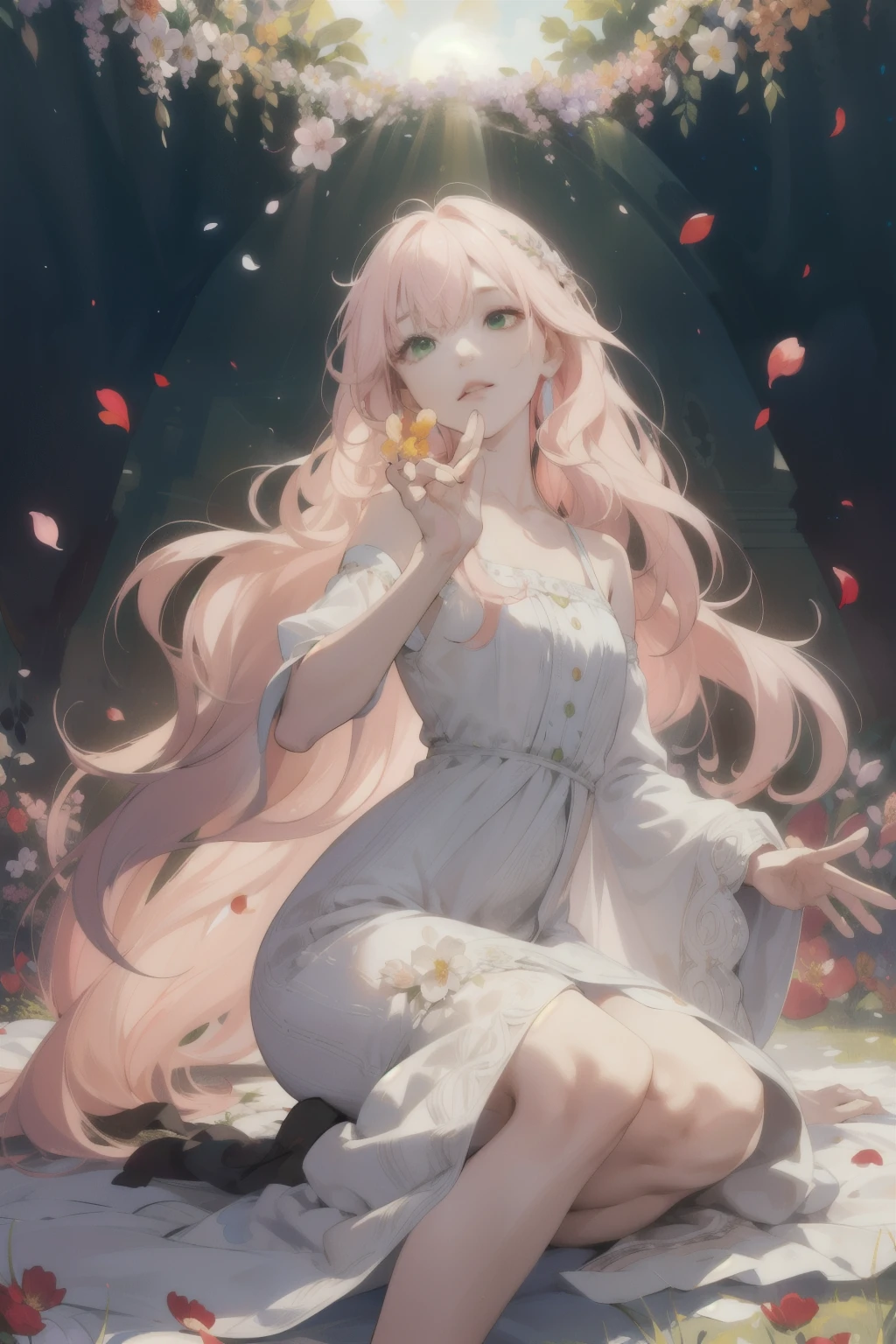 (disorganized, High resolution, super detailed), 1 girl, mature woman, wavy light pink hair, long hair, dull bangs, green eyes, white dress, small eyes and small face, Highly detailed CG Unity 8k wallpaper, intricate details, break , kaleidoscopic images, symmetrical pattern, Bright colors, geometric shapes, fascinating design, Optical illusion, dynamic composition break , pantomime art, expressive body language,  evocative gesture, visual story, theatrical performances break , blooming flowers, colorful petals, Fragrant aroma, blessings of nature, lively garden, peaceful scenery