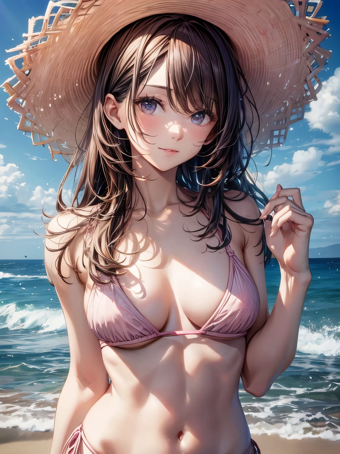highest quality、All limbs、full finger、brown haired woman、Slender beauty、1 female、muscular man、(((woman wearing pink bikini))), bare hands、barefoot、Shonan sea、You can see Enoshima、big smile