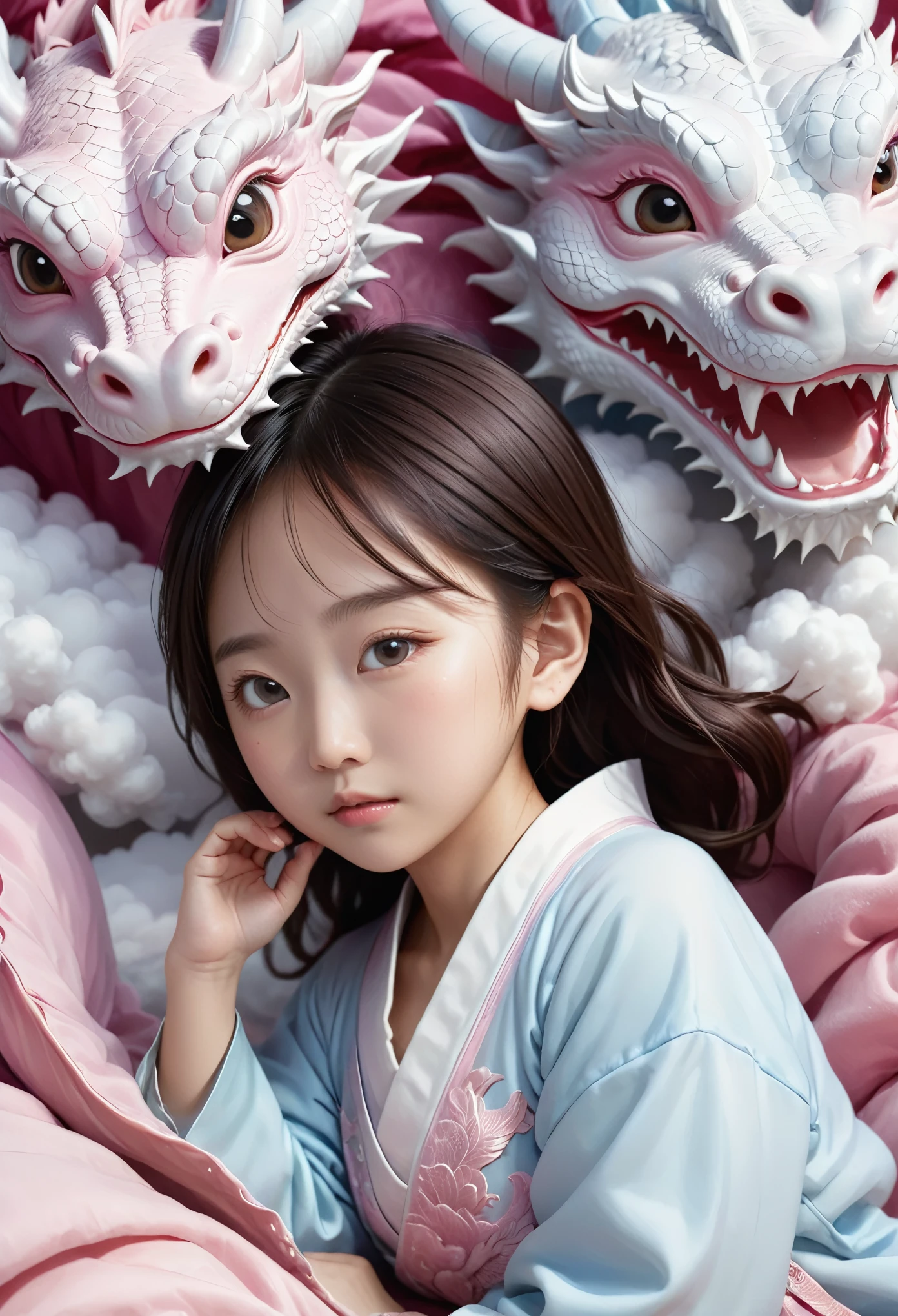 Young Asian Girl with Dragons by Ann Luo Blog, A two-year-old Chinese baby girl,Lovely, face round,Slept on a pink dragon bed, a photorealistic painting by Ju Lian, shutterstock contest winner, Fantasy art, a dragon made of clouds, Chinese fantasy, lie on white clouds fairyland,Camera shot, Film style, Intricate and refined details, high qulity,japanaese girl,8K resolution, Fantasy illustrations, Close up, golden age illustrations
