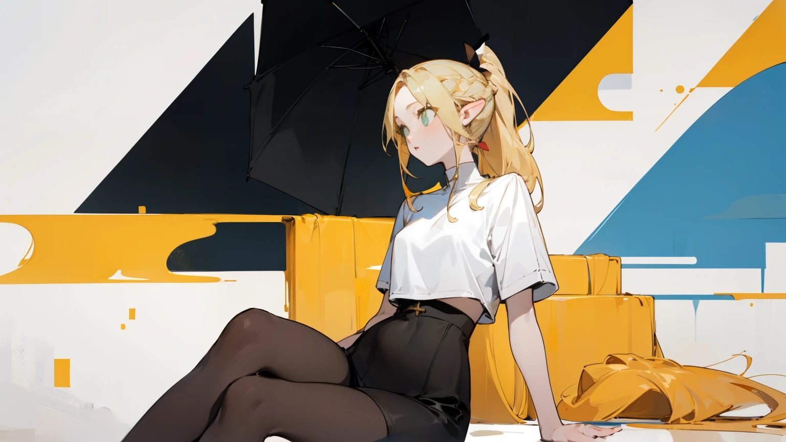 pantyhose， pop color，（whole body，blonde）long blonde hair，single ponytail，high ponytail， bust and waist,white top，High heel，whole body，sitting position