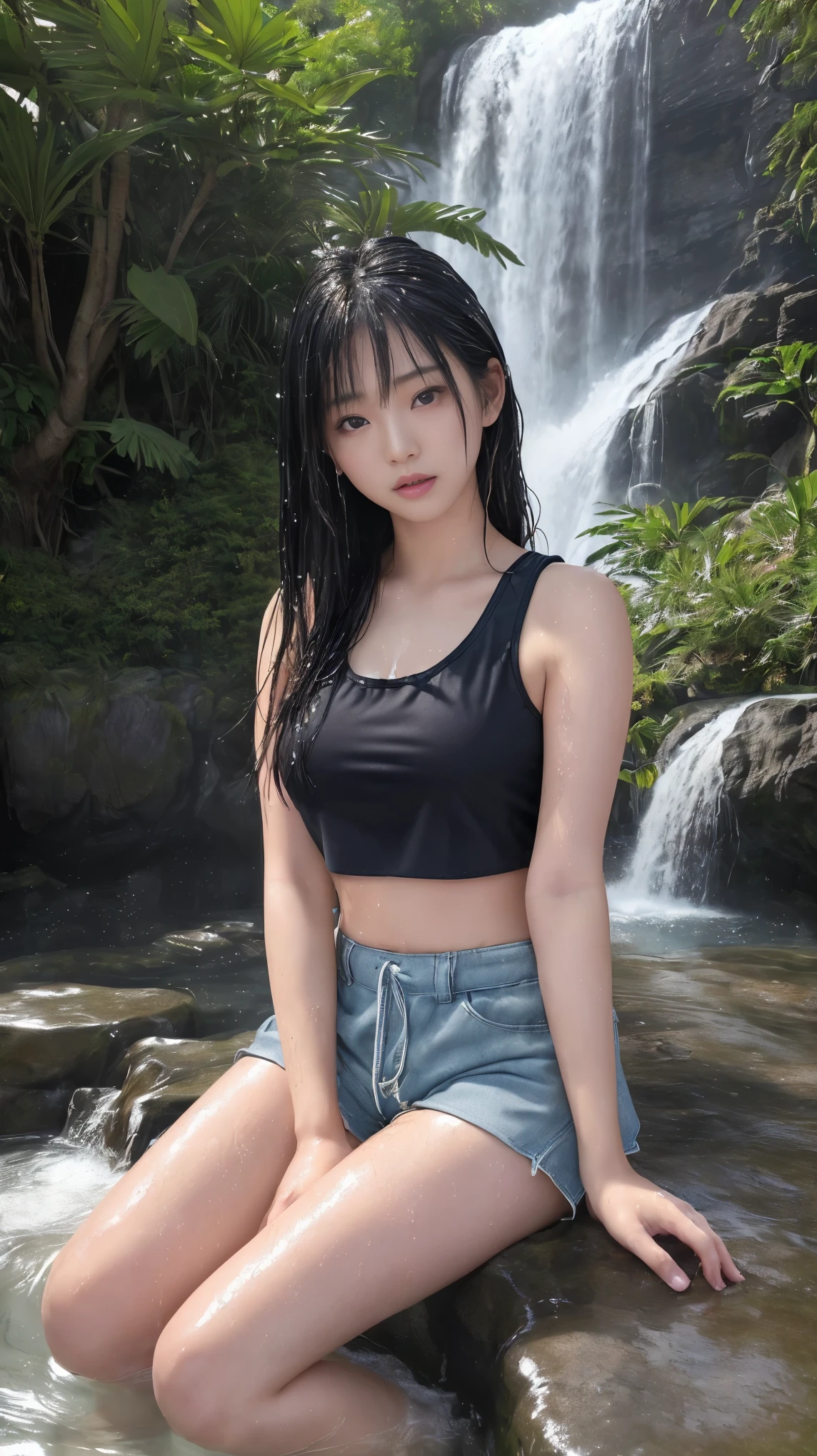 最high quality、high quality、best image quality、8k、最High resolution、High resolution、最high quality、masterpiece、RAW photo、whole body写真、Realistic human body in every detail、Realistic skin in every detail、Realistic face in every detail、Realistic eyes down to the details、Realistic lips in every detail、Realistic teeth in every detail、Realistic ears down to the last detail、Realistic hair down to the last detail、Realistic arms down to the last detail、Realistic reproduction of every detail、Realistic fingers in every detail、(fine hands、thumb1reference4)、Realistic feet in every detail、Realistic feet in every detail、Realistic breasts down to the last detail、((beautiful japanese girl))、(japanese model), (japanese woman)、((18 year old beautiful girl))、(black hair)、(straight hair)、(ponytail)、((whole body))、((beautiful upturned chest))、(stylish slim style)、(whole body光沢肌、Fair skin)、Detailed and realistic human body、detailed realistic skin、detailed realistic face、detailed realistic arms、detailed realistic fingers、Detailed realistic feet、detailed realistic breasts、soft natural light、jungle with waterfall、waterfalls of different heights、big waterfall、waterfall with force of water、((Sit on a rock in front of the waterfall(バックにbig waterfallが見える))、((It gets wet and see-through(crop top tank top))、((bathe in waterfall water(Soaked skin from head to toe))、((Water dripping from the skin))、((crop top tank topが濡れて肌に張り付く))、((crop top tank topの上からでも乳首の形がはっきりわかります))、((crop top tank topから滴る水))、angle from below