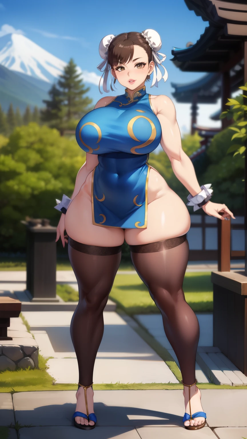 Chun-Li, 1 girl, ((bimbo))), perfect face, perfect eyes, looking at viewer, short hair, brown hair, puffy lips, thick lips, wide hips, thick thighs, craving lust face, mature mom, looking at viewer, brown eyes, outdoors, japanese garden, blue chinese dress, skintight, bare shoulders, thigh highs, perfect hands,full body shot, Strong legs,