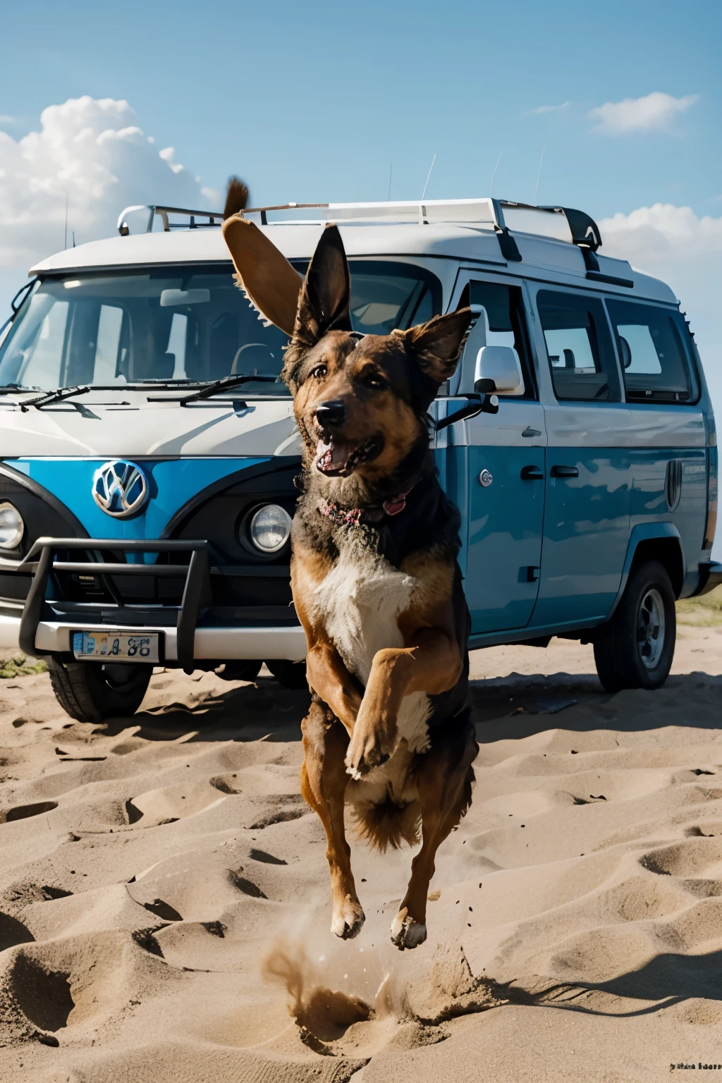 Ein knallig bunter VW Bulli (T1 oder T2) steht am Strand, in den Sand geparkt. The front door of the van is open. Im Hintergrund ragt eine Palme in den Himmel. Die Sonne geht gerade hinter dem Horizont unter und taucht den Himmel in warme Farben. A German Shepherd jumps for a Frisbee, der im Sand vor dem Bulli liegt. Auf dem Dach des Bullis ist ein Surfbrett befestigt. An der Seite des Bullis klebt ein Aufkleber mit einem Hippie-Motiv.

Stimmung: Cheerful, entspannt, frei, abenteuerlustig, romantisch