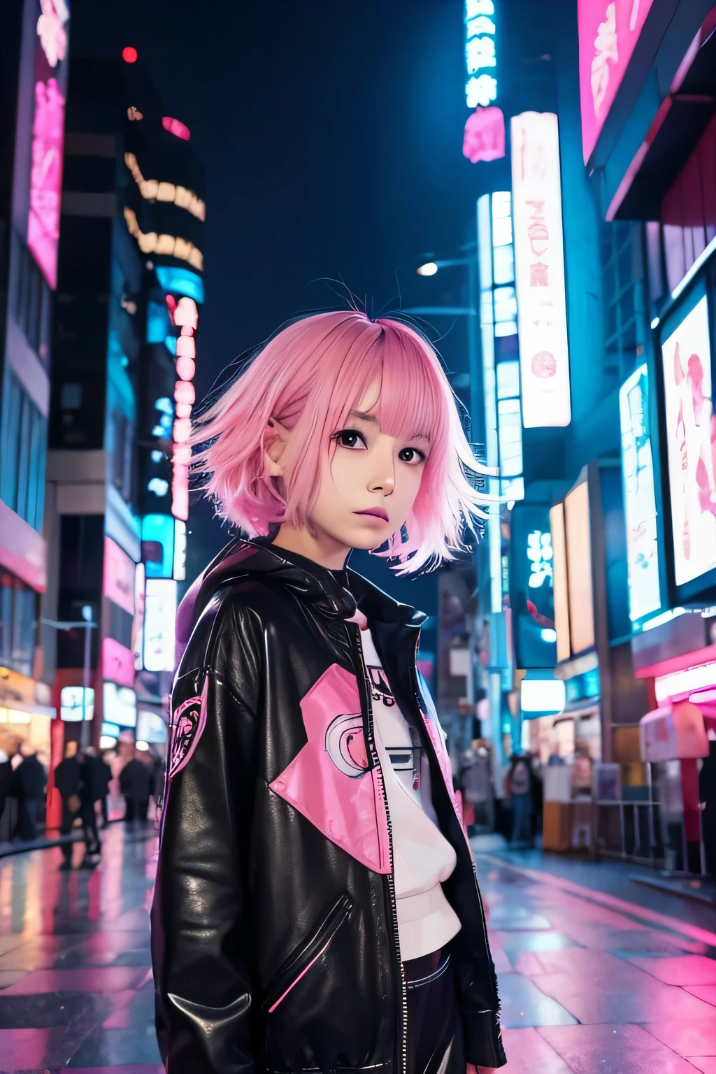 anime girl with pink hair , anime , cyber punk, future, anime.short hair、face close up、Outer bounce、short bob