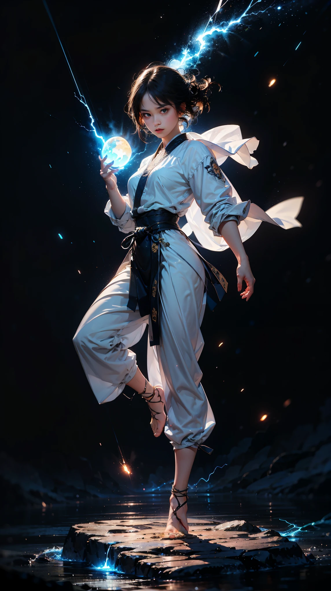 masterpiece,best quality,32k uhd,Epic CG masterpiece,hdr,dtm,16K,cinematic lighting effects,super vista,super wide Angle,white background,
wuji,1girl,full body,no weapon,(hand held electric arc),(blue electric arc:1.2),(glowing:1.5),(simple clothes:1.5),(starry sky),(simple background:1.6),white theme,
martial arts style,calligraphy characters,magic,exquisite facial features,super delicate face,(best fingers:1.2),