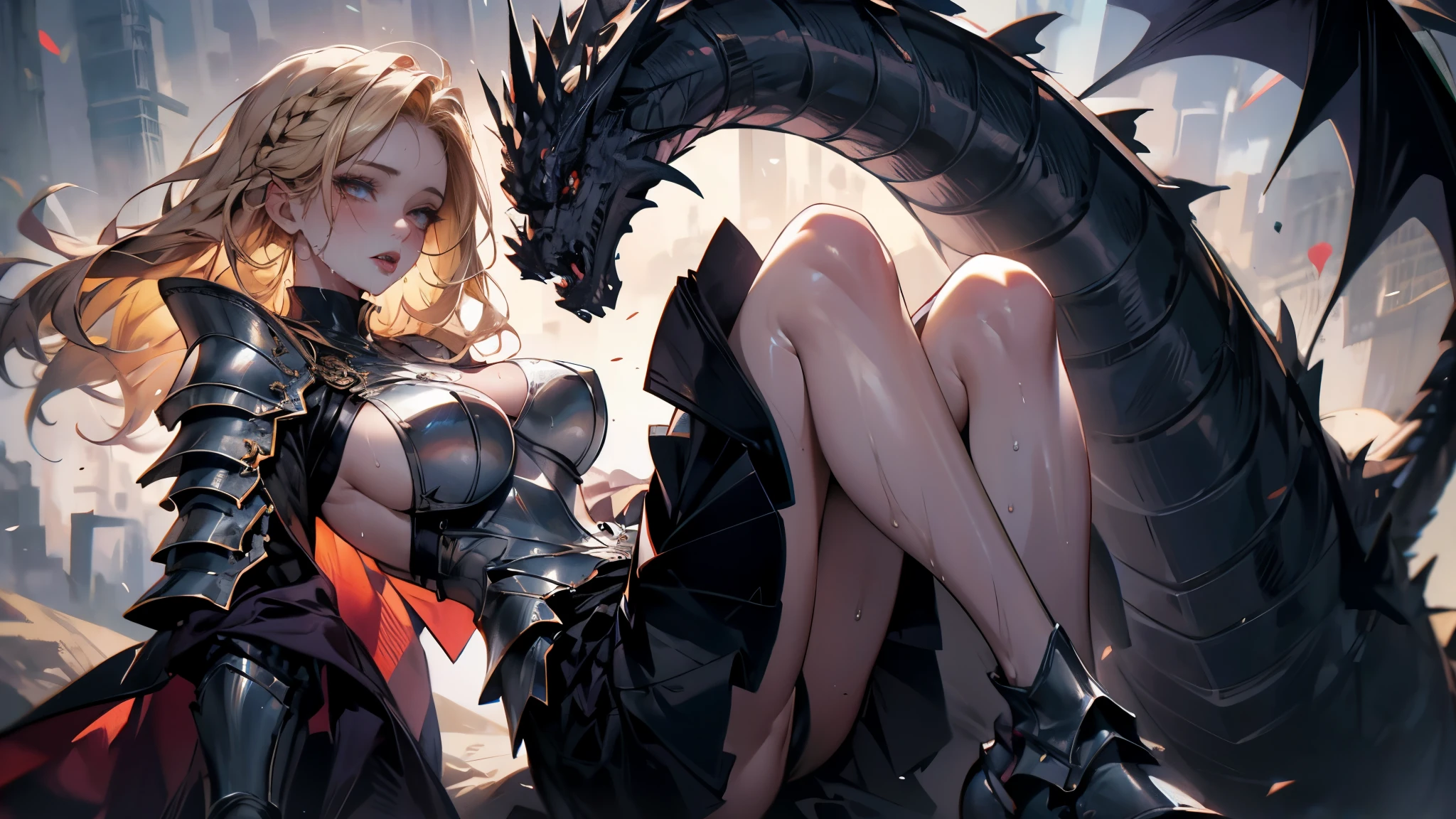 ((Best quality, 8K, Masterpiece: 1.3, 1girl, Beautiful girl)), cute, Dynamism, Detailed face, Detailed skin, detailed clothes, Detailed eyes, Detailed lips, Detailed tongue, Detailed fingers, Detailed mouth, Photorealistic, Raw photo, highres, Natural lighting, dynamic pose, perfect anatomy, toned legs, double eyelids, tear bags, round eyes, moist lips, sweaty, (sleeveless, (armor knight, armor), dragon background), sideboob, skirt, half closed eyes, steam:1.5, sheer, wet clothes, sky, rainbow hair, yellow hair, braided hair, long hair, (shape of nipple), looking at viewer, ahegao, drooling dragon, wet body, skirt lift, nsfw