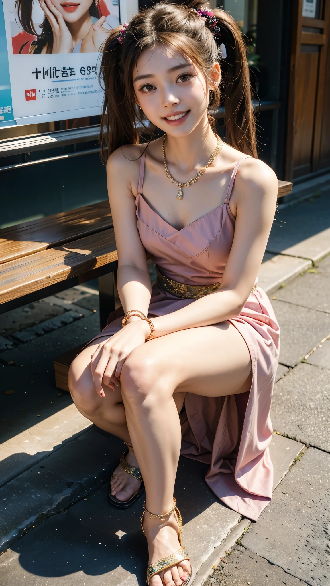 highest quality, masterpiece, ultra high resolution, (realistic:1.4), (Portrait of a man sitting on his knees) RAW photo, 1 girl, 22 years ago,Korean restaurant in Shin-Okubo,detailed face,((Asian Dresses)),((Lots of Asian accessories)),(large multiple necklaces multiple bracelets)、((glitter anklet)),((asian sandals)),((looking up at the audience)),legs are closed,saturation, contrast, ((small breasts)),((toothy smile)),brown hair,braided twin tails,Weave a lot of ribbons into your hair,Manikea、pedicure,