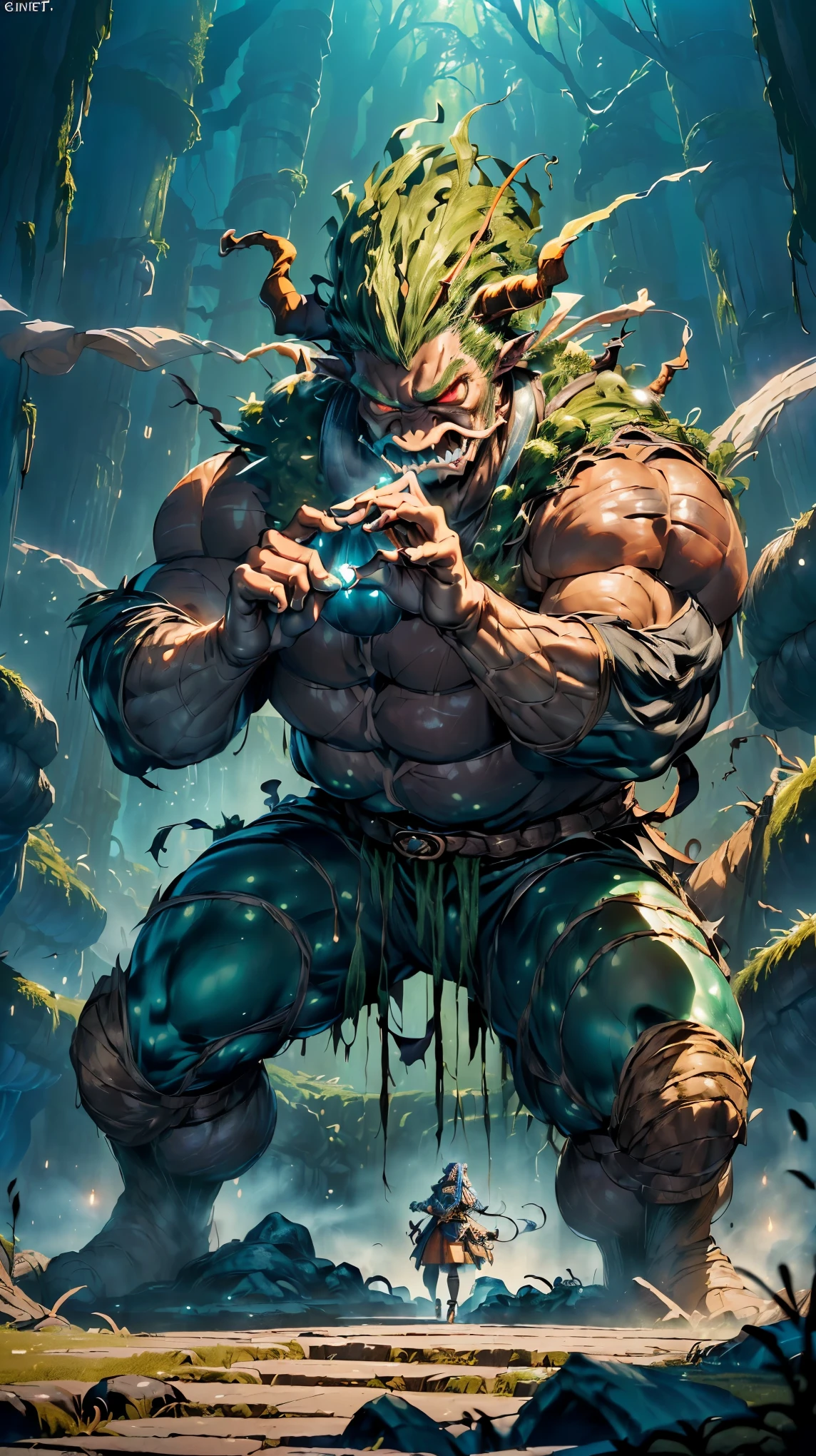 Witch doctor, male, alligator, green scales, white skull mask, buff, shirtless, wearing black loincloth, big bulge, black hairy armpits, hands behind head, pink nipples, yellow glowing eyes, hd 8k