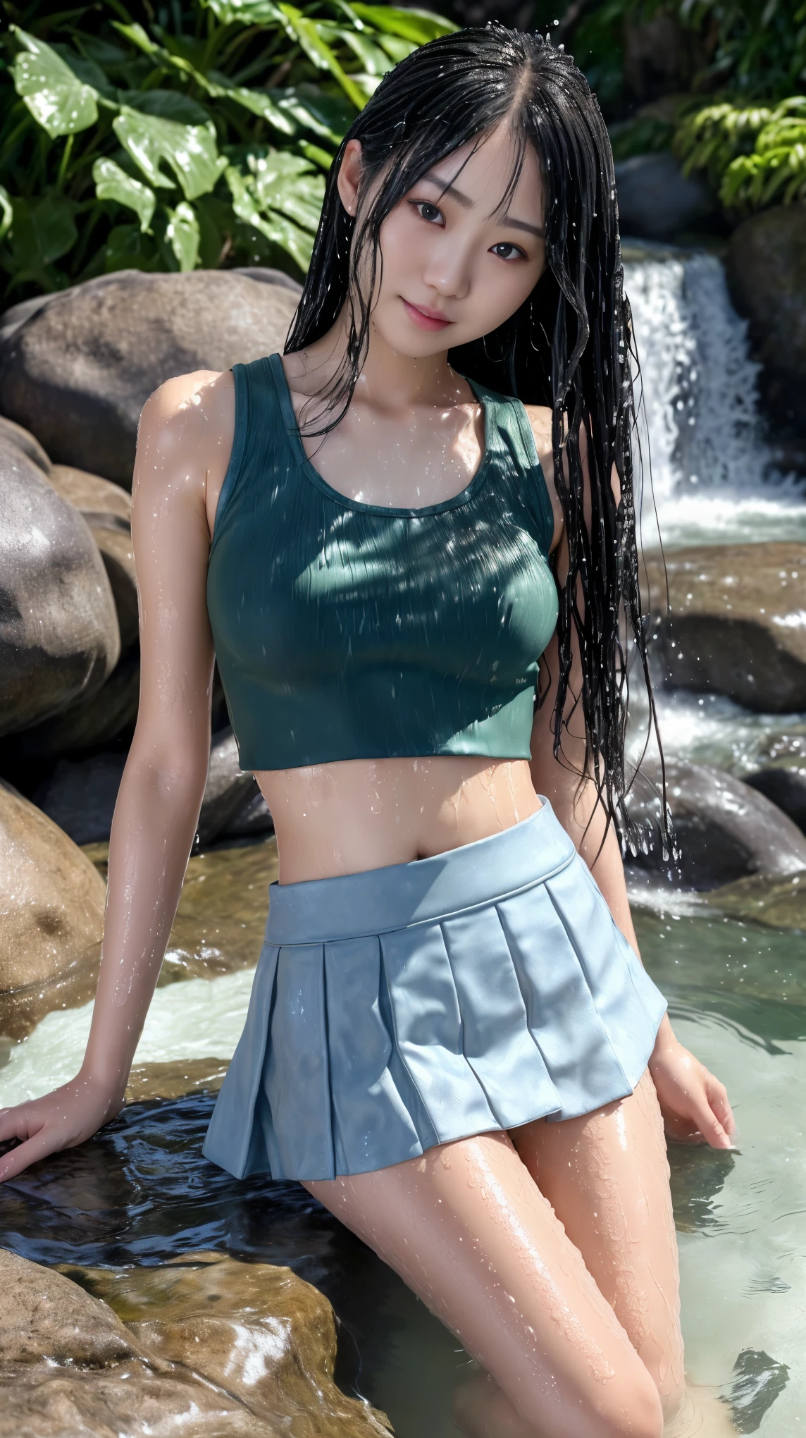最high quality、high quality、best image quality、8k、最High resolution、High resolution、最high quality、masterpiece、RAW photo、whole body写真、Realistic human body in every detail、Realistic skin in every detail、Realistic face in every detail、Realistic eyes down to the details、Realistic lips in every detail、Realistic teeth in every detail、Realistic ears down to the last detail、Realistic hair down to the last detail、Realistic arms down to the last detail、Realistic reproduction of every detail、Realistic fingers in every detail、(fine hands、thumb1reference4)、Realistic feet in every detail、Realistic feet in every detail、Realistic breasts down to the last detail、((beautiful japanese girl))、(japanese model), (japanese woman)、((18 year old beautiful girl))、(black hair)、(straight hair)、((whole body))、((beautiful upturned chest))、(stylish slim style)、(whole body光沢肌、Fair skin)、Detailed and realistic human body、detailed realistic skin、detailed realistic face、detailed realistic arms、detailed realistic fingers、Detailed realistic feet、detailed realistic breasts、soft natural light、jungle with waterfall、waterfalls of different heights、big waterfall、waterfall with force of water、((Sit on a rock in front of the waterfall(背景にbig waterfallが見える))、((It gets wet and see-through(miniskirt crop top tank top))、((bathe in waterfall water(Soaked skin from head to toe))、((Water dripping from the skin))、((miniskirt crop top tank topが濡れて肌にピタッと張り付く))、((濡れたminiskirt crop top tank topの上からでも体のラインがはっきりわかります))、((miniskirt crop top tank topから滴る水))、sexy pose、angle from below