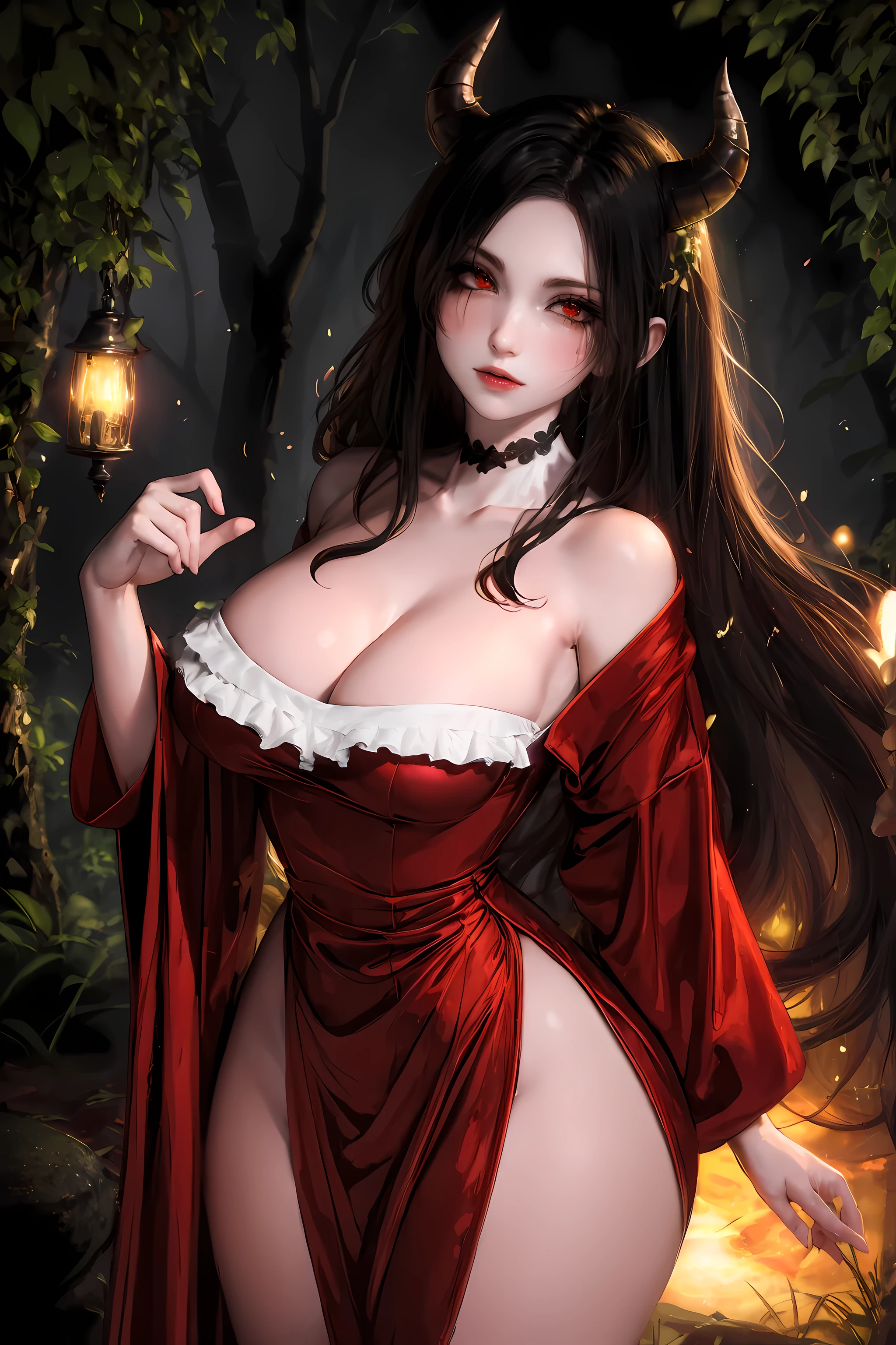 (8k,high resolution,masterpiece:1.2),actual,photo-actual:1.37,devil girl,red corner,beautiful and delicate eyes,beautiful and delicate lips,Extremely detailed eyes and face,long eyelashes,Sexy long black hair,fiery red eyes,Wearing a dark flowing robe,Floating in a misty forest under the moonlight,Red eyes penetrate the darkness,The soft and ethereal light reflects her graceful figure,Subtle shadows dance around her,Red rose surrounded by thorny vines,A sinister yet fascinating presence..,Depicted with dark and dramatic chiaroscuro lighting,Create an unforgettable and charming atmosphere,A clever fusion of traditional oil painting and digital art,evoke a sense of mystery and,Perfectly capturing the beauty and darkness of the enchantress.