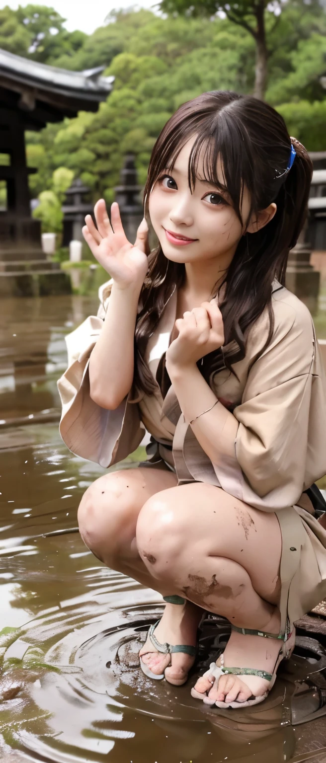 (absurderes, 8K, 4K, masutepiece, hyper extreme detailed:1.2), Best Quality, Perfect Anatomy,Perfect face,Facing forward,High humidity,(solo:1.2),(chubby:1.1),shortness of breath,High humidity,Steamy,blush, Black Hair, Hair ties, sunlight, hair band, smile, Outdoor, hair ornaments, summer, Strong sunlight, Wet, See-through clothing, (Sweaty;1.3), (Wet:1.2), (Very short stature:1.4), (rain:1.5), (See-through kimono:1.3), beach, Nipples, (Twin tails:1.2), grin, (A squatting with her back turned to the floor to defecate:1.2), nude, (scat:1.5), back view